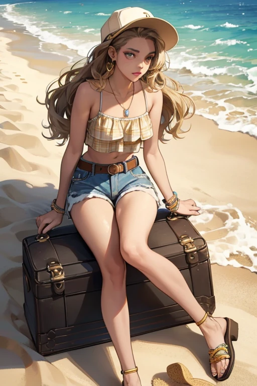 Harper is a dark skinned teenage girl with a medium build, and her eyes are brown to yellow in color. Her makeup consists of sand colored eyeshadow and her lips are a brown nude color, while her hair is a long sand colored and is styled into tight curled beach waves. She wears a sand colored bralette with blue, sand colored and rainbow plaid patterned top and matching bottoms with white straps that is labeled "Rainbow". On top of the bottoms she wears sand colored shorts with an RH pendant hanging on the belt loop. For her footwear she wears sand colored sandals, and for accessories she wears a matching cap and handbag to her top.