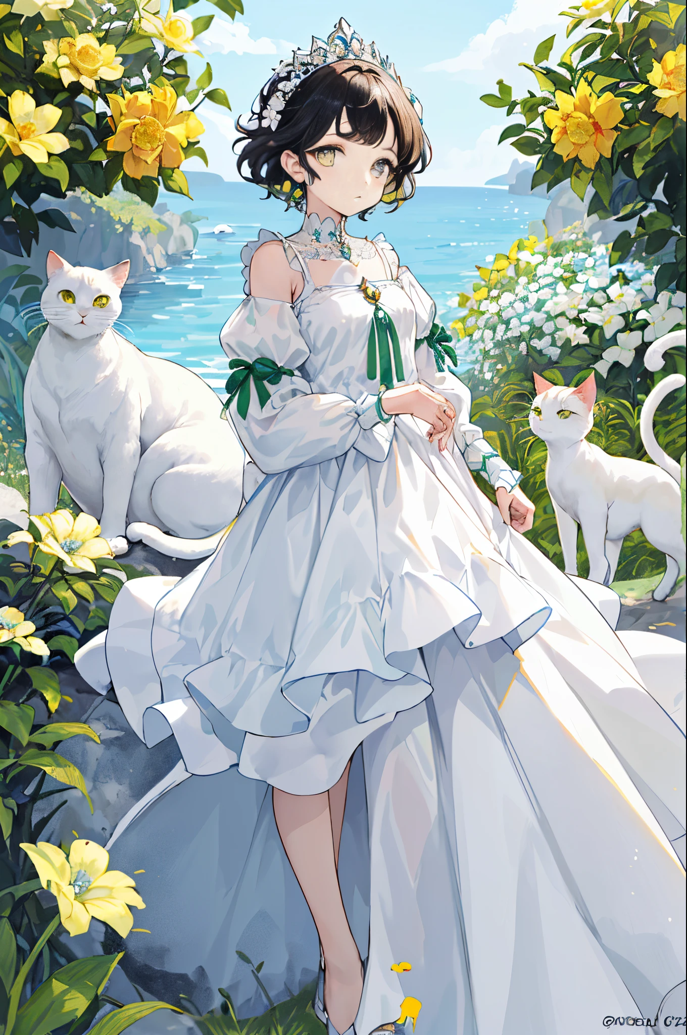 (( orelhas de gato, short hair, cabelos esmeralda, cabelos verdes, eyermile preto e verde)( boca aberta))((( Garotinha),( corpo esguio)),))((( clothes a white dress with several drawings of yellow cats)) (( put your hand in your pocket))(( roupas de cor branca)))(( sentado,))(( rosto claramente desenhado))(( belos olhos detalhados, Pele super detalhada))(( jardim de flores, ao ar livre))
BRAEK
(revista:1.1), (estilo de capa:1.3), fashionable, vibrante, traje, Posando, frente, colorido, Dynamic, Background Story, Elementos, confiante, expression,statement, accessory, majestoso,  cena, Texto, cobrir, ousado, commanding attention, title, elegante, fonte, Cativante, manchete, maior, contundente, moderno, na moda, foco, moda,