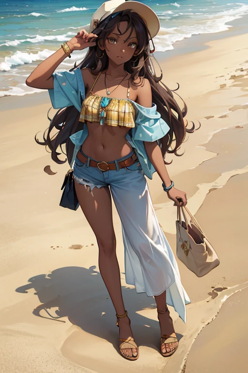 Harper is a dark skinned teenage girl with a medium build, and her eyes are brown to yellow in color. Her makeup consists of sand colored eyeshadow and her lips are a brown nude color, while her hair is a long sand colored and is styled into tight curled beach waves. She wears a sand colored bralette with blue, sand colored and rainbow plaid patterned top and matching bottoms with white straps that is labeled "Rainbow". On top of the bottoms she wears sand colored shorts with an RH pendant hanging on the belt loop. For her footwear she wears sand colored sandals, and for accessories she wears a matching cap and handbag to her top.