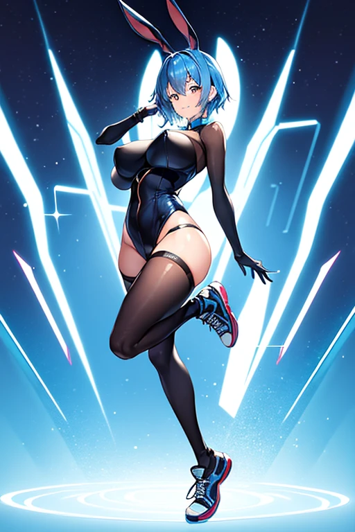 1girl, blue hair, large breasts, bunny ears, rabbit ears, wide hips, bodysuit, black bodysuit, shoes, sneakers, short hair, very short hair, science-fiction, tech, futuristic, machinery, full body, ((full body)), smile, light smile