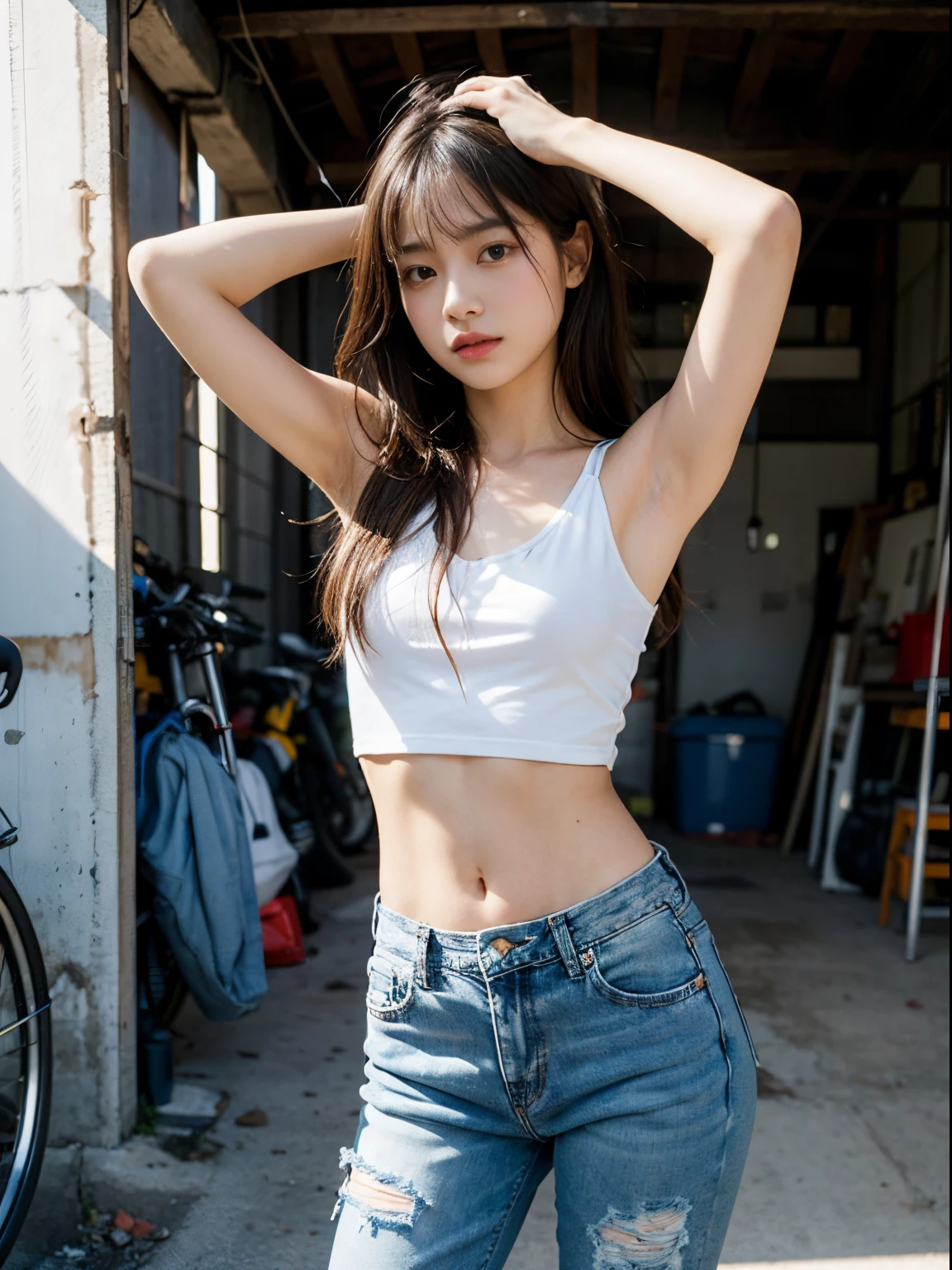 (top-quality), Realistic, (real picture, Intricate details), (Natural Skin Texture, Detailed skin, Hyper-Realism, sharpness), (Japanese college girl standing next to a motorcycle in a messy old garage), (Put both hands behind your head:1.3), ((Tight white tank top, Distressed baggy denim pants, low rise pants)), (((Small chest:1.4))), (Wavy long hair, One-length hairstyles), fair white skin, Navel exposed, exposed armpit, (Neat face, Parted lips), scattered tools, bike parts on the floor, Hard lighting:1.3, Full body shot