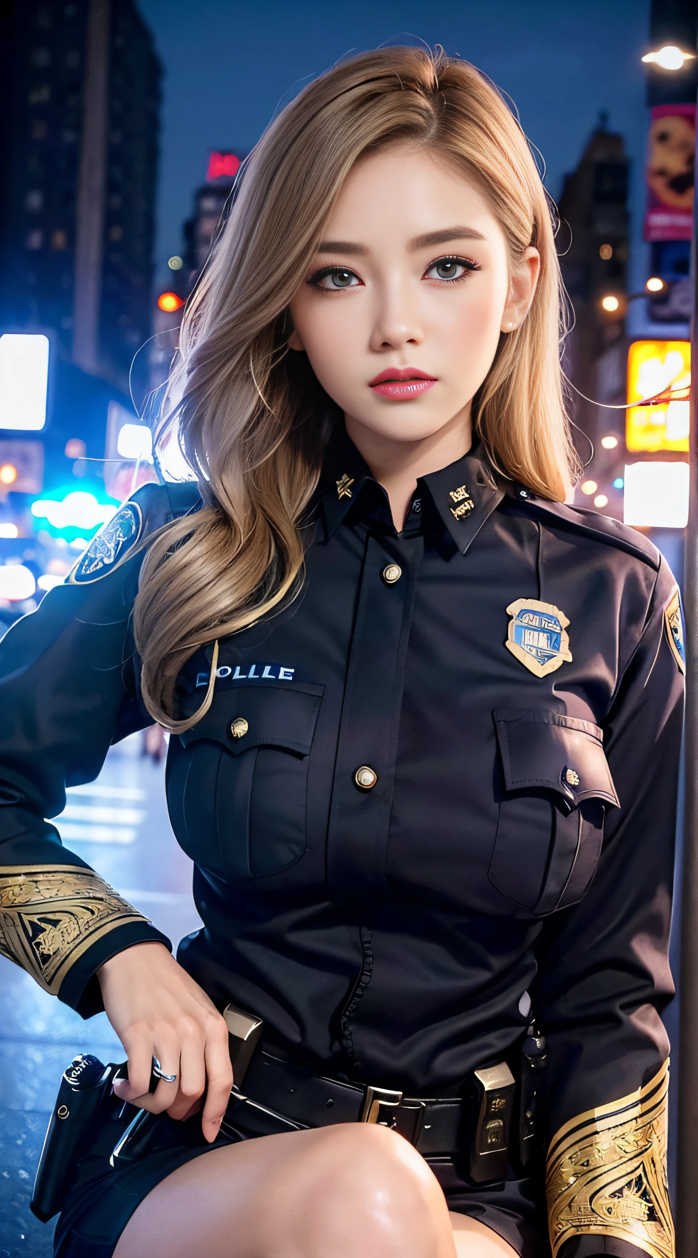top-quality、hight resolution、ultra-detailliert、​masterpiece、Raw photography:2、realisitic:2、Photorealsitic:2、extremely delicate and beautiful、finely detail、 1womanl、(Super beautiful)、(beauitful face:1.5)、(A detailed face:1.5)、gala k-up、(lip stick:1.1)、(eye line:1.2)、mascara、eyeshadows、glamor、blue eyess、(Blonde and brown hair)、Wavy Hair、asymmetrical bangs、(new york police uniform:1.5)、city street at night、cowboy  shot