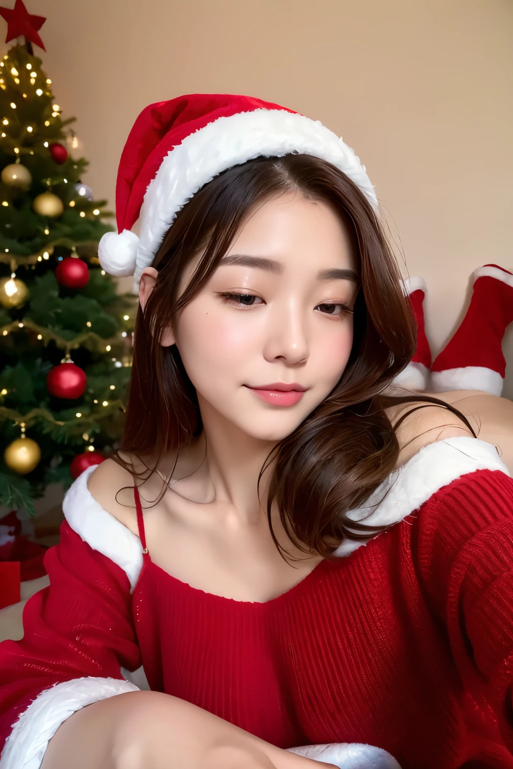portrait photo 21 years girl, simple makeup, ((perma straight hair style)), on bed, on back, in bedroom, light on face, realistic skin:1, daytime, big breasts, , ((3/4 body)),smile:1.1, random poses, tight clothes, wet clothes,((ultra sharp image)), pink hair, red santa hat, next to christmas tree