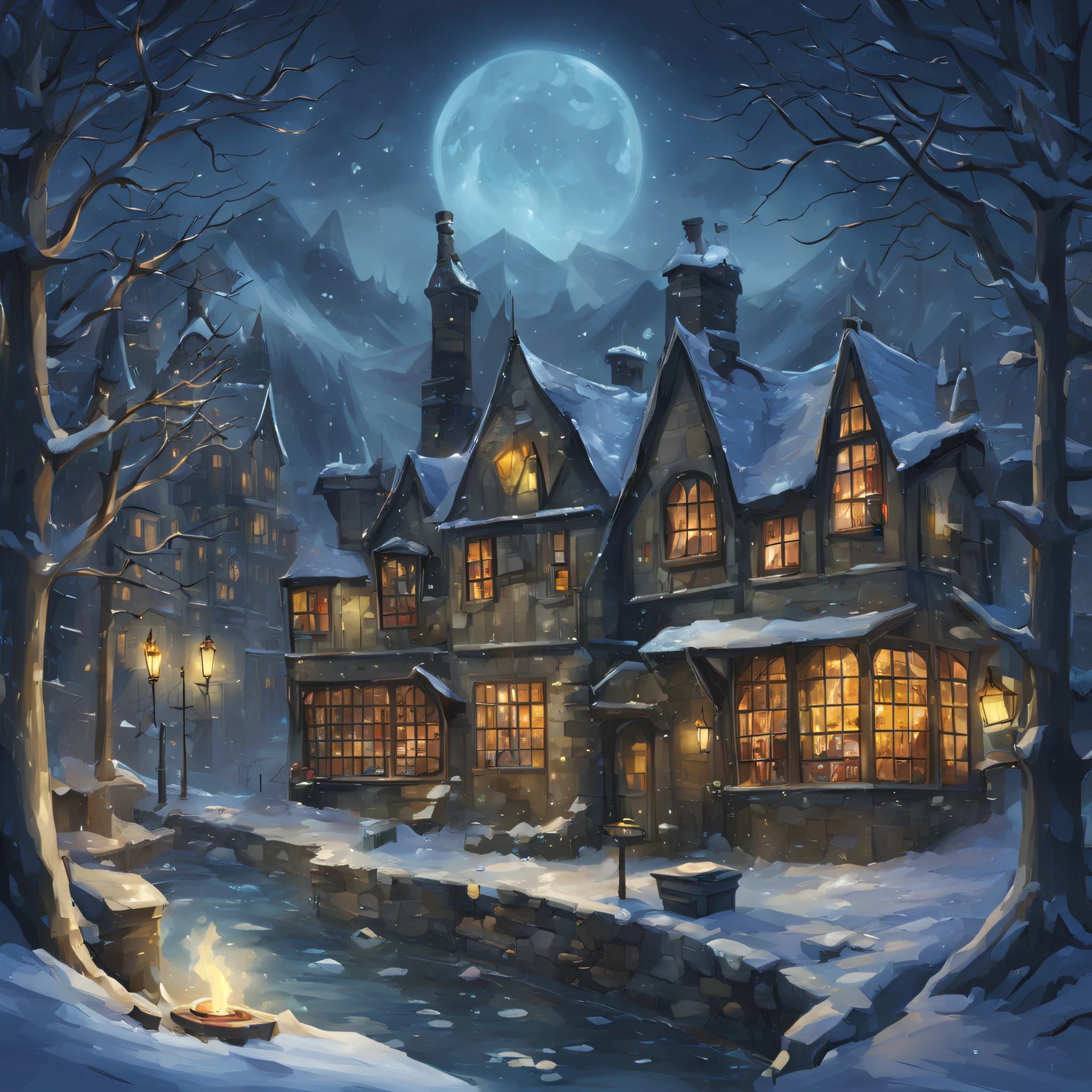 background image for a quiz based on the books "Harry Potter and the Half-Blood Prince", winter mood of warmth and celebration