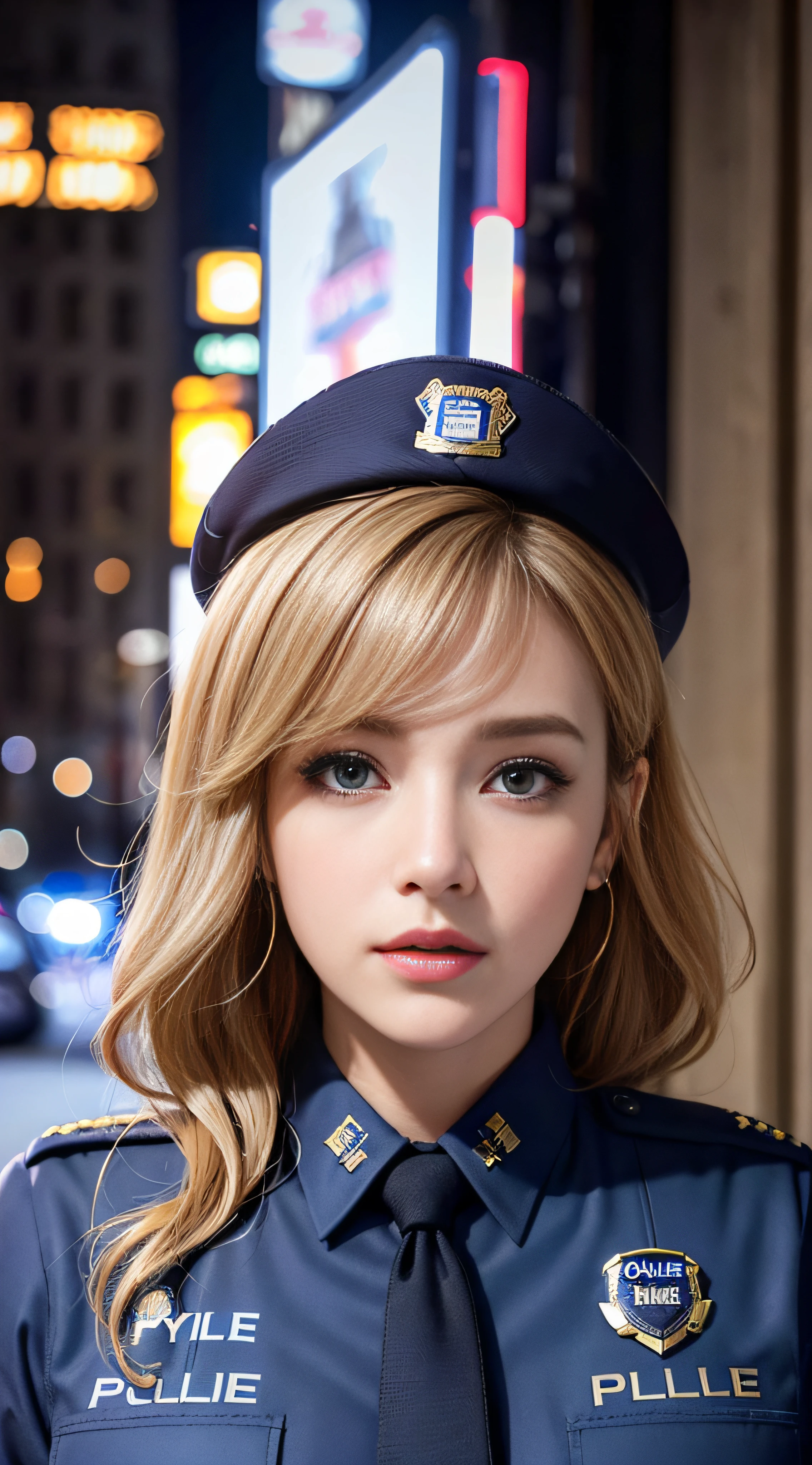 top-quality、hight resolution、ultra-detailliert、​masterpiece、Raw photography:2、realisitic:2、Photorealsitic:2、extremely delicate and beautiful、finely detail、 1womanl、(Super beautiful)、(beauitful face:1.5)、(A detailed face:1.5)、gala k-up、(lip stick:1.1)、(eye line:1.2)、mascara、eyeshadows、glamor、blue eyess、(Blonde and brown hair)、Wavy Hair、asymmetrical bangs、(new york police uniform:1.5)、city street at night、cowboy  shot