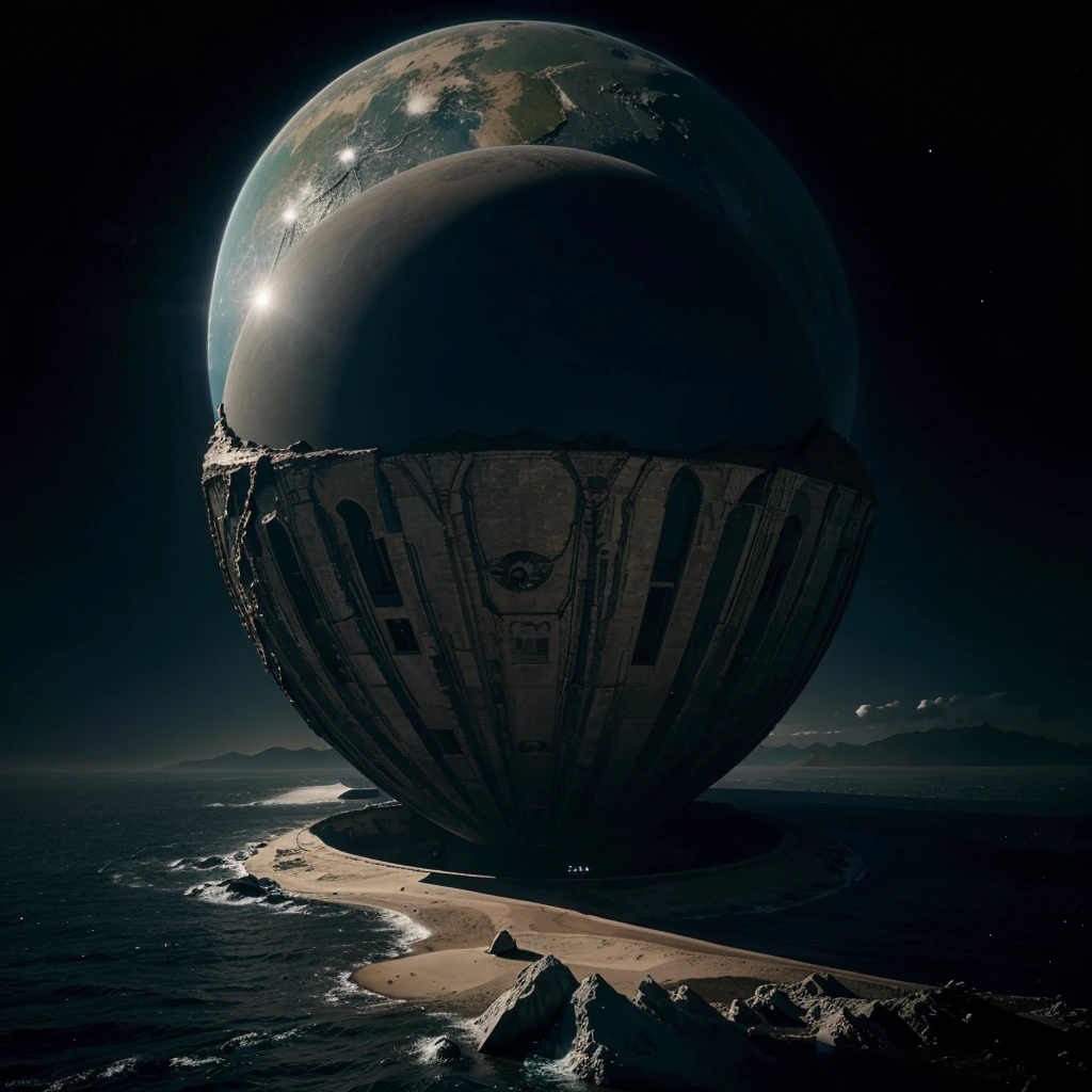 A giant dingy Alien holding the planet Earth, dark universe at the back