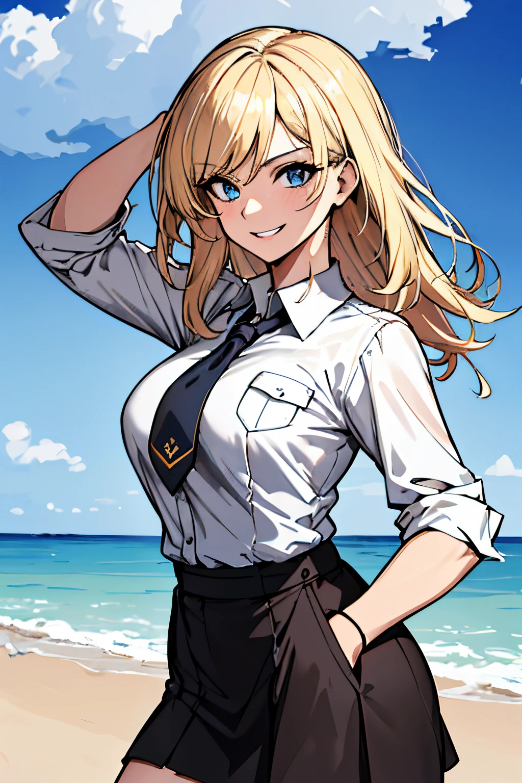 (absurdres, 8k, 4k, masterpiece, hyper extreme detailed:1.2), solo, 1girl, front view, perfect face, 1girl, portrait, expressive eyes, looking at viewer, solo, standing, Female, toned body, mature female, large breasts, pale, platinum blonde hair, long hair, dark blue eyes, swept bangs, athletic body, stoic, windy hair, moving hair, moving clothes, Dark Brown Skirt. White Shirt, German, Medals, Military, battle worn, scars, medals, messy hair, smile, happy, heroic, perfect ???????, friendly, heroism, light blonde hair, blue sky, sun, clouds, muscular, half body, hands in pockets,