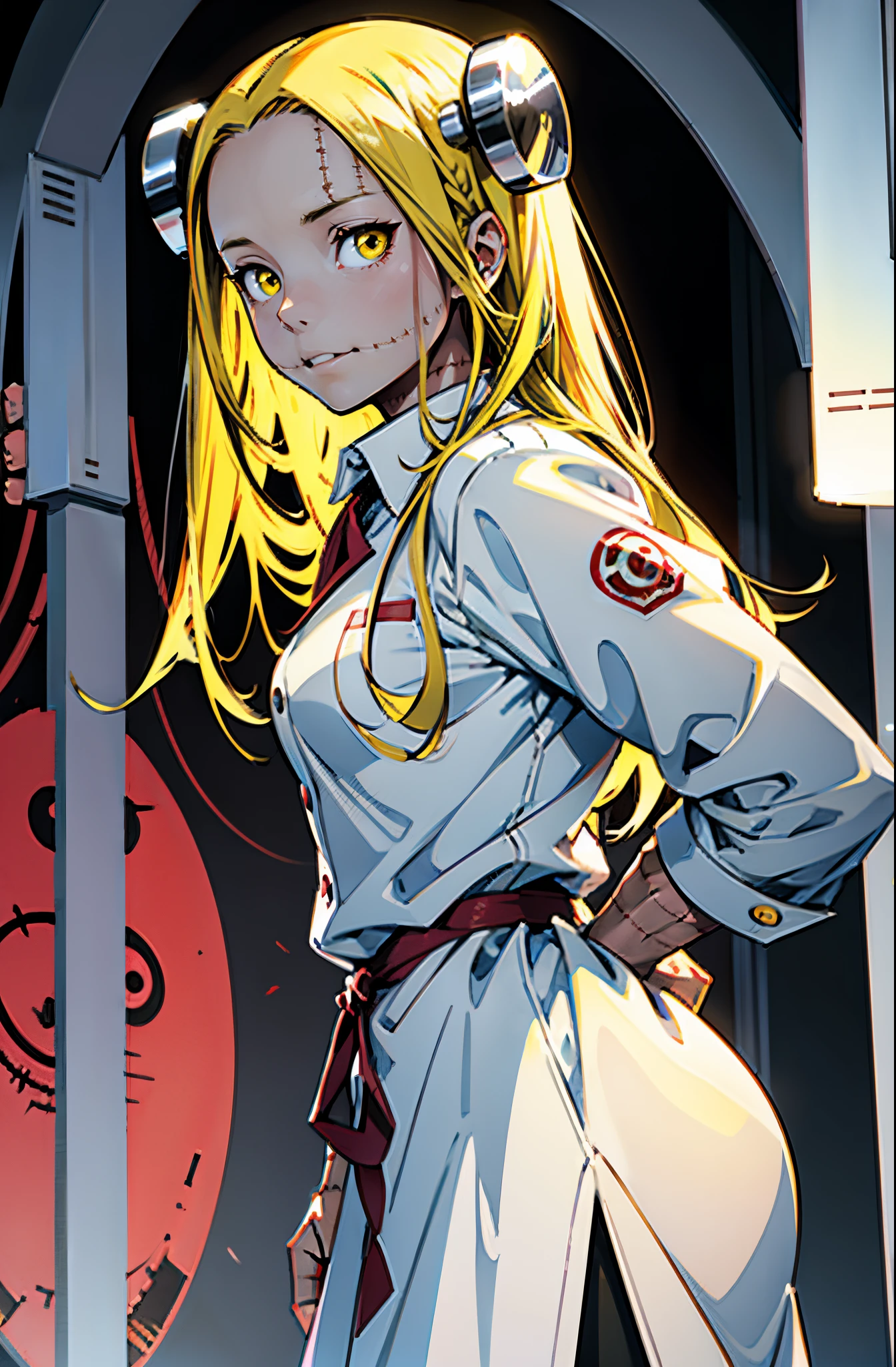 Madaraki_Fran , A girl, , stands , at the surgeon's'S'S'S'S'uniform , Eyes of different colors , clear face , Clean hands , hairlong , yellow hair,seams , Scars on the body , A creepy look , scary eyes , An intimidating look, crazy eyes , yandere , scalpels in hands , against the background of a vein
