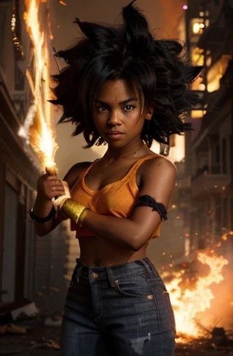 girl, darkskin girl, brown ???, hair till shoulder, hair like goku, dragon ball, goku, vegeta, anime, cartoon, black ???, young, big hair, Super Saiyan hair, hair like Super Saiyan 2, loading power, fighting stand, angry, fire in hands, building background, looking at me