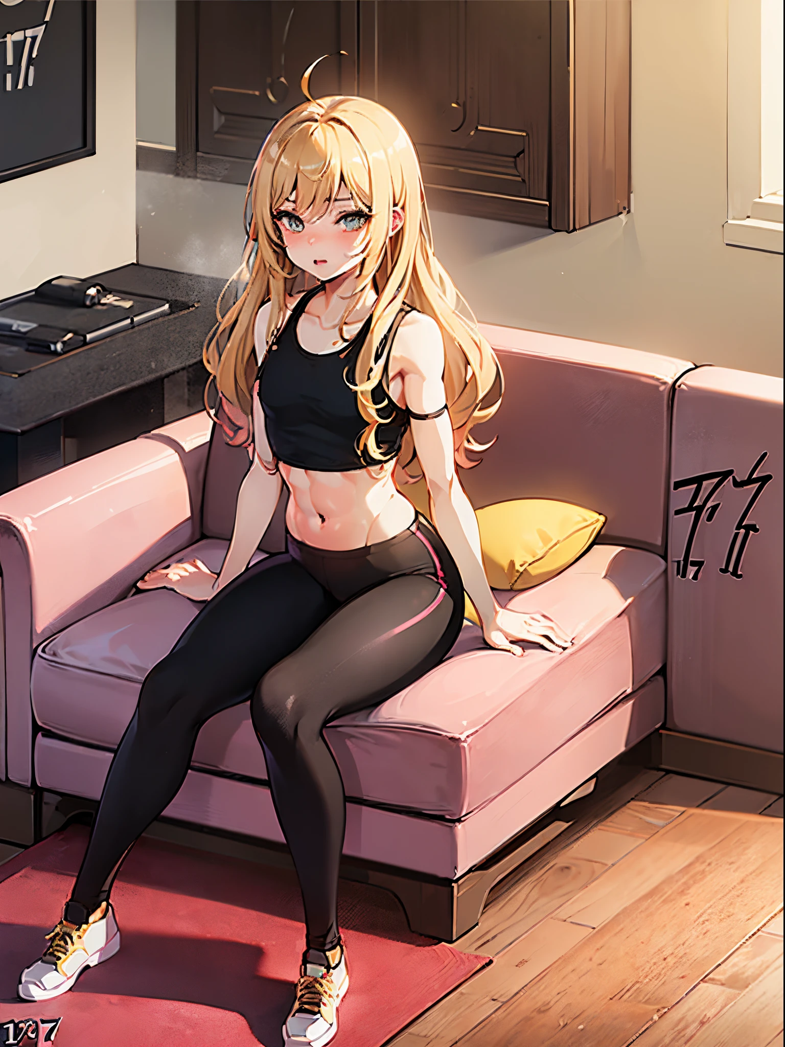 (hight resolution:1.5), (ultra-quality:1.3), (Highly detailed:1.3), solo, only one person, Beautiful 30 years old, masterpiece, Delicate beautiful face, Delicate hands, extra detailed body, (((femboy))), ((youthful appearance)), ((Luxuriously loose blonde locks cascade around a delicately featured face with golden eyes)), blonde, golden eyes, agile body, fit body, ((flat chest)), ((very flat chest:1.5)), (wide hips), female legs, nice butt, fit butt, (((male female:1.5))), (((living room background:1.5))), ((tall:1.5)), ((visible bulge:1.5)), ((crotch bulge:1.5)), ((gym pants:1.5)), ((yoga pants:1.5)), ((crop top:1.5)), ((gym top:1.5)), ((mature)), ((dilf)), ((milf)), (((sitting on the couch:1.6))), ((adult:2)), ((adult male:2)), ((adult female:1.5)), ((adult woman, adult man)), (((170 centimeters tall:2)))