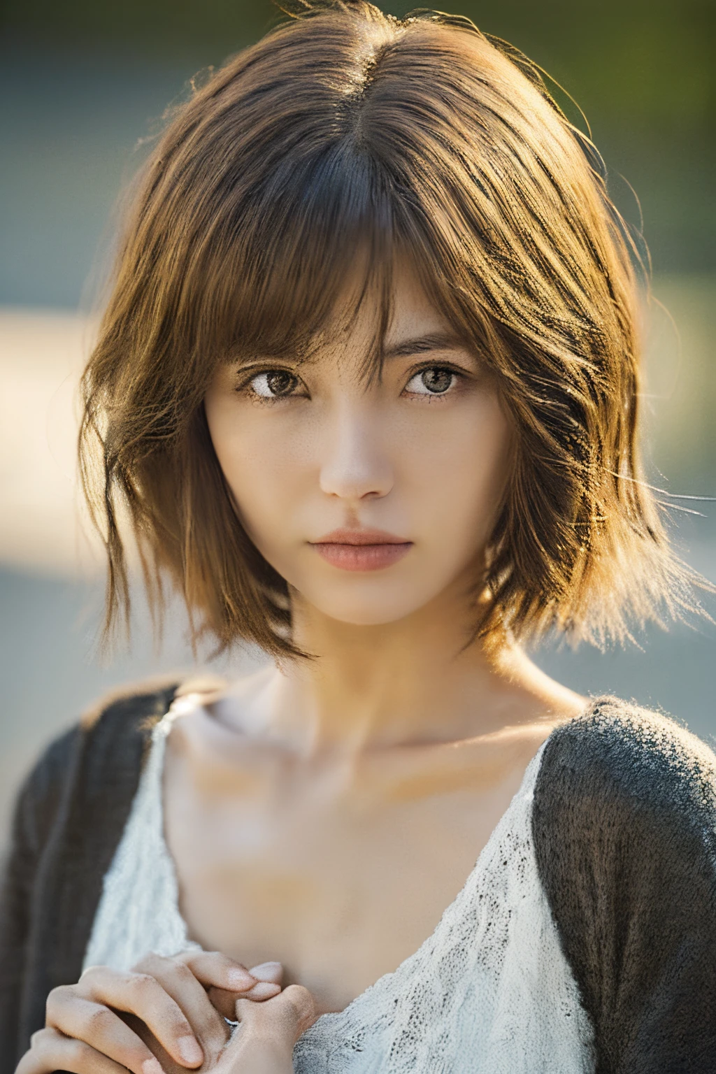 (masuter piece:1.3)、(8k、Photorealsitic、RAW Photography、top-quality: 1.4)、(1girl)、美丽的面容、(lifelike face)、(Brown hair、short-hair:1.3)、Beautiful hairstyle、realisticeyes、Beautiful details、(real looking skin)、Beautiful skins、(Sweaters)、absurderes、enticing、超A high resolution、A hyper-realistic、high-detail、the golden ratio、Looking at the camera、directly in front