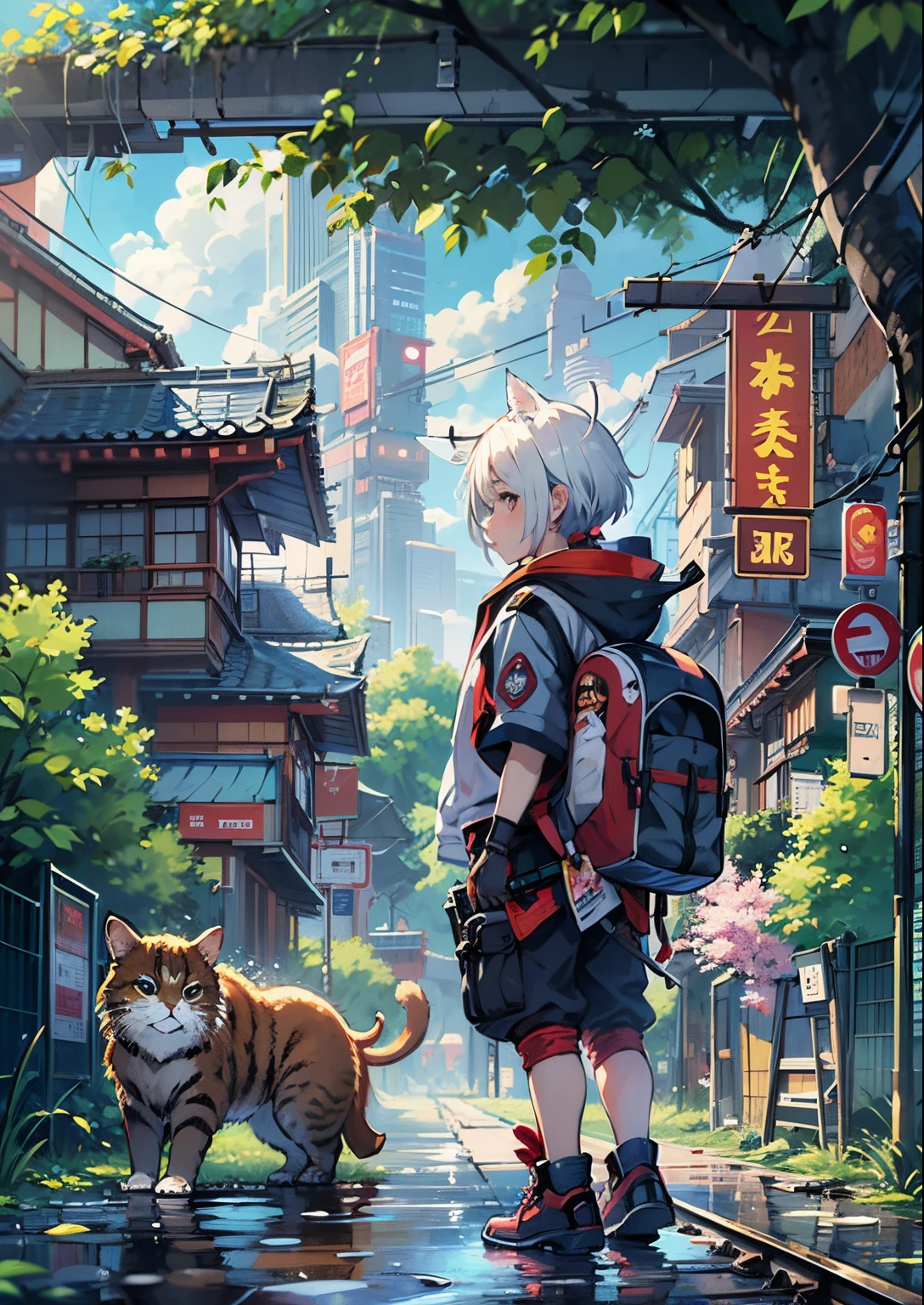 1boy,Man's ,Cyberpunk Boy、katanas,machine gun、Cat's ears、silber hair、poneyTail、The beginning of the adventure、during daytime、Into the cloud、ruined and devastated city、Complex Japan buildings、temple,railroad crossing、Bus stop、Trees、Warm lighting、puddles、Good old Japan landscape、Beautiful and fantastic summer landscape、Cinematic scenery、hightquality、masutepiece,8K、hight resolution、ultra-detailliert,