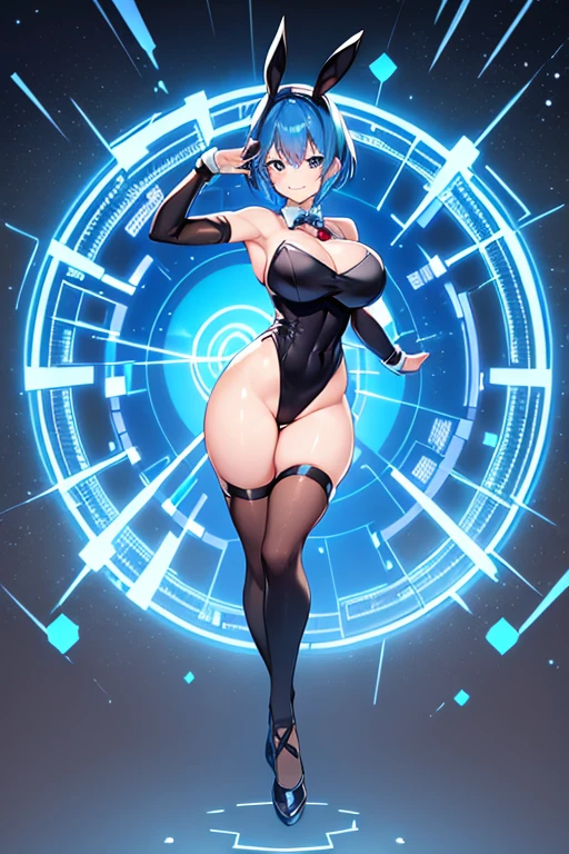 1girl, blue hair, large breasts, bunny ears, rabbit ears, wide hips, bodysuit, black bodysuit, short hair, very short hair, science-fiction, tech, futuristic, machinery, full body, ((full body)), smile, light smile, standing