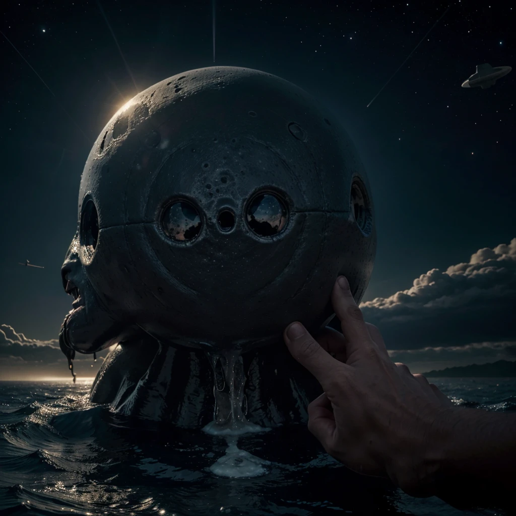 A giant dingy and dark Alien holding the planet Earth with both hand, drool dripping from its mouth, dark universe at the back