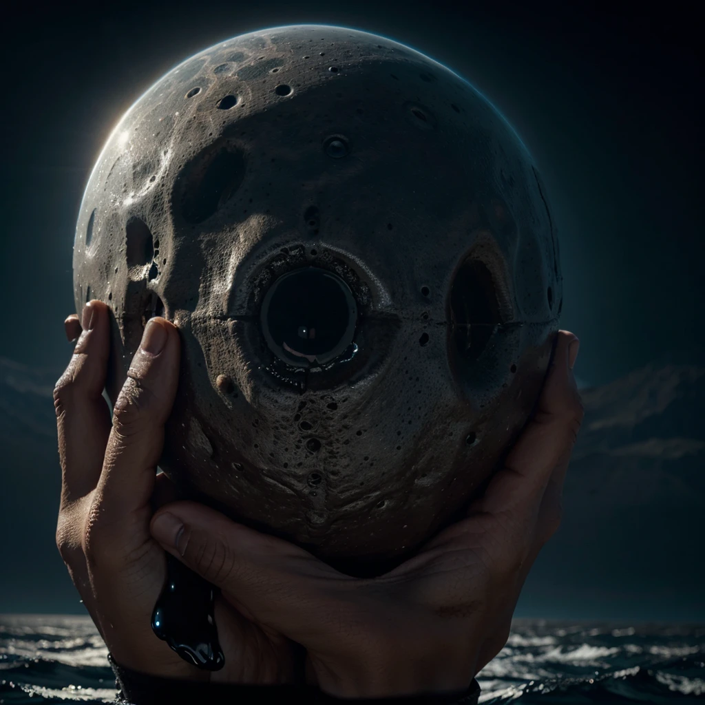A giant dingy and dark Alien holding the planet Earth with both hand, drool dripping from its mouth, dark universe at the back