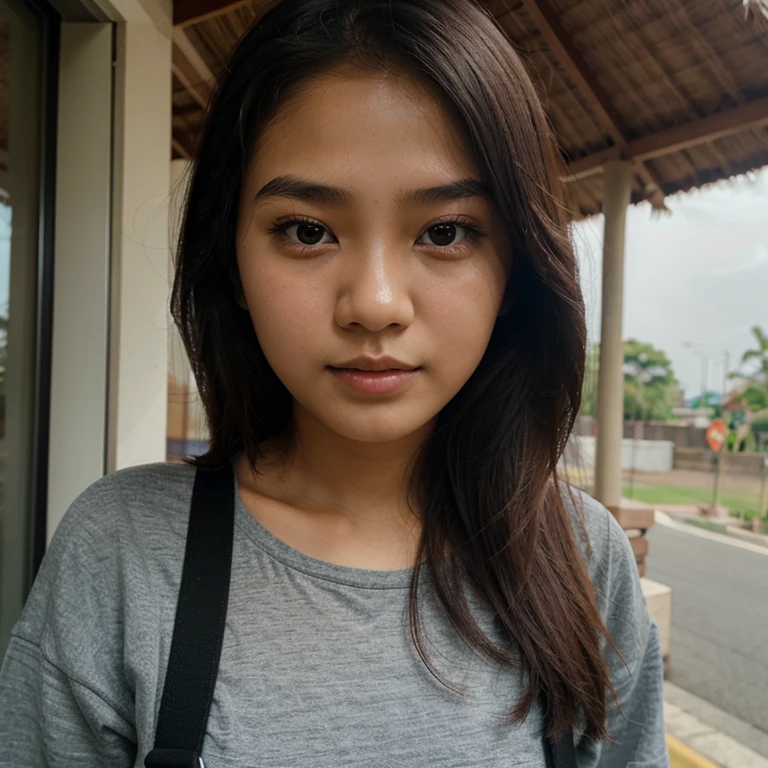 Innocent indonesian girl pretty, cover half of face with iphone
