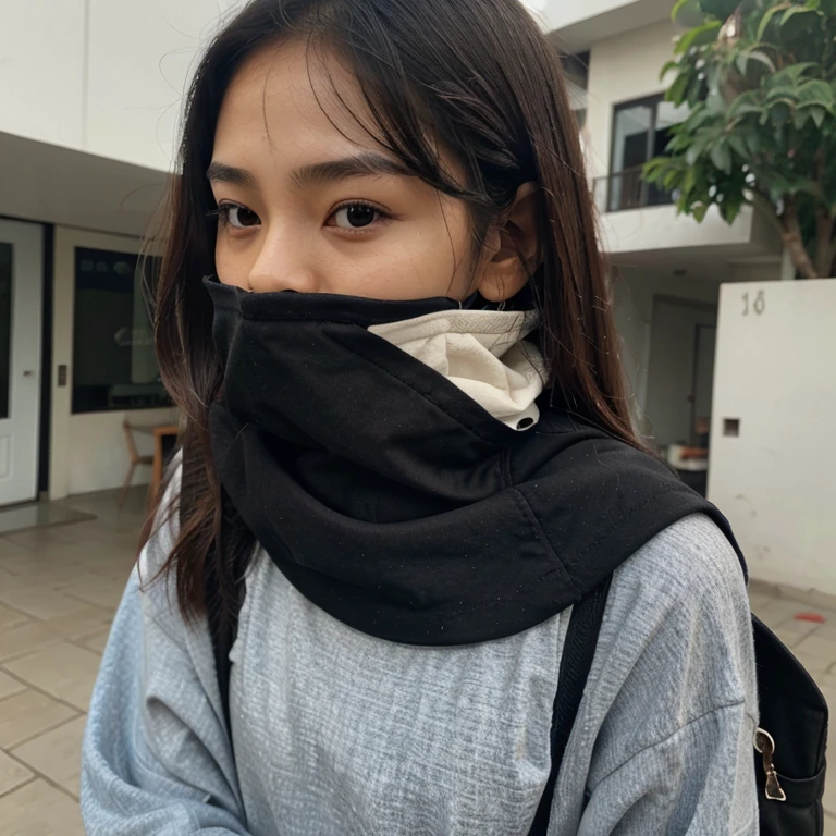 Innocent indonesian girl pretty, cover half of face with iphone
