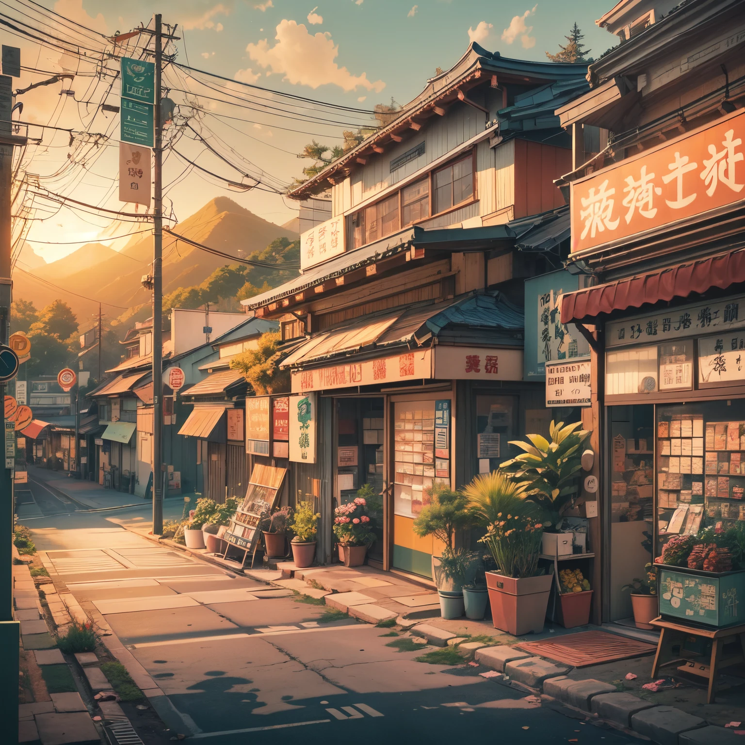 anime background, anime wallpaper, anime, anime style, lofi, lofi style, modern japanese street, mountains, uphill, modern japanese architecture, japanese convenience store, big retro japanese shop signs, retro japanese store, trees, plants, rocks, plant pots, shop signs, japanese banners, japanese signs, flags, sunrise, golden hour, golden lighting, empty street, no one in sight, (no one: 1), best quality