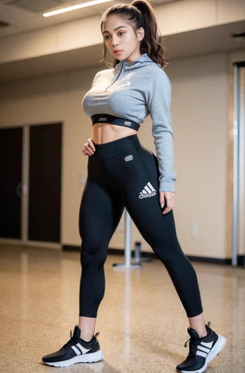 Uma mulher com um corpo normal com 35 anos, curly hair, Brown skin, standing in running position wearing tight leggings and a zip-up sweater, Ela esta em uma academia detalhada com equipamentos ao fundo, she is wearing shoes, O suor escorre pelo corpo e pelas pernas, o cabelo dela mais comprido e preso em um rabo de cavalo alto, Academia de ginastica, sozinho, separated-lips, mulher malhando. fazendo exercicio, calca leg, top preto de uma alca, roupas de academia, ao fundo uma academia, correndo. fazendo cooper. Ginastica, Gym, mom fitness attire