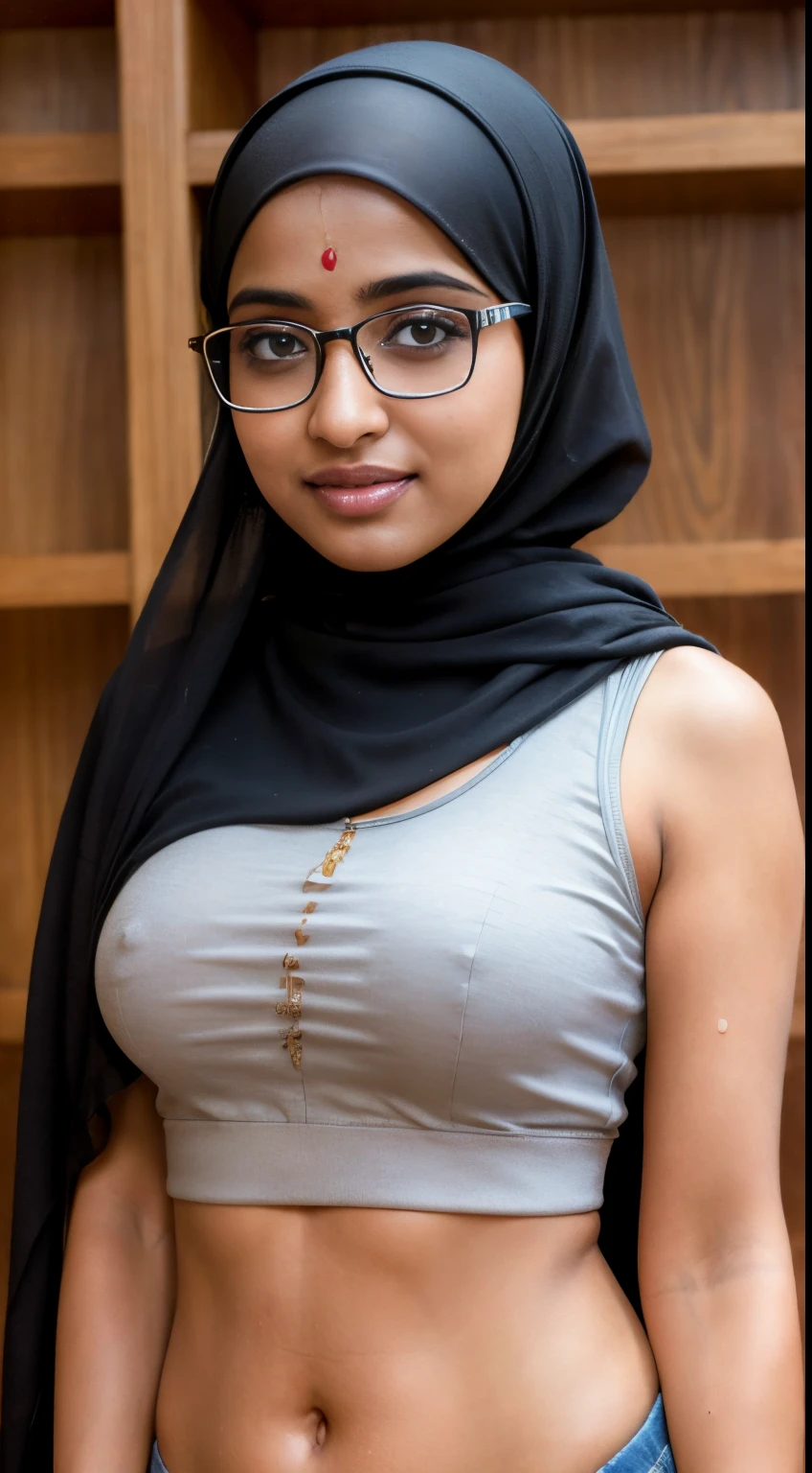 (iu:0.8).cleavage, RAW, Best quality, high resolution, Masterpiece: 1.3, Beautiful glasses hijabi kerala girl wearing croptop and boyshort, Masterpiece, Soft smile, forest,face cover with sperm liquid