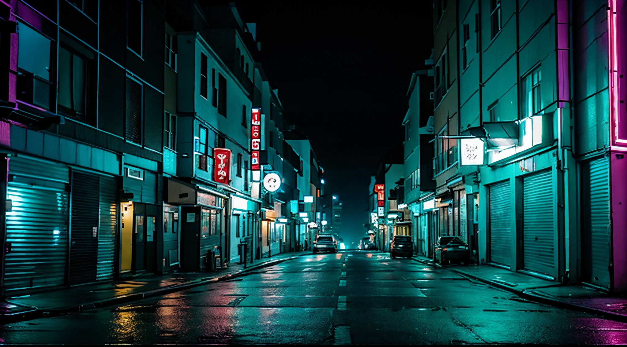 at night, broad quiet cyberpunk street