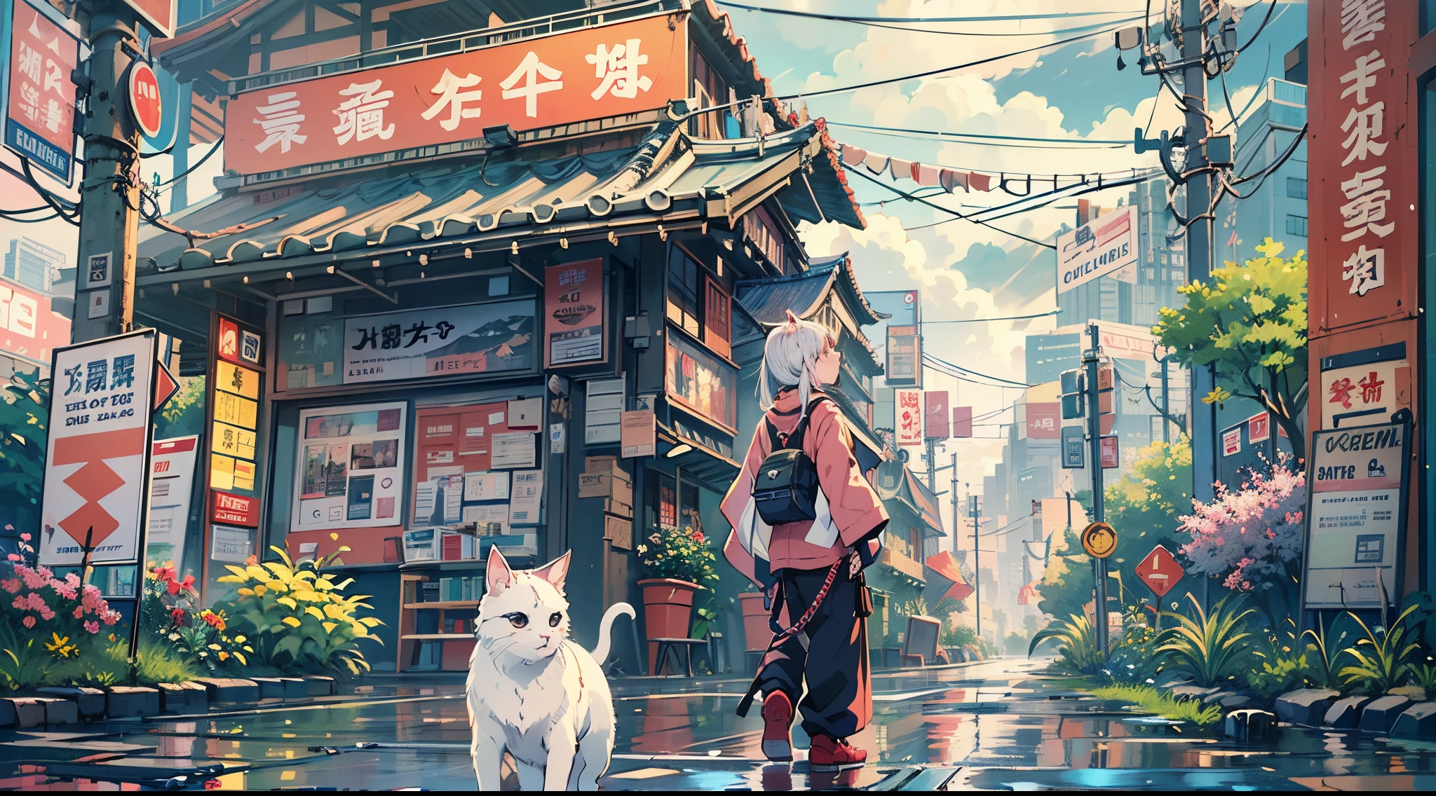 1boy,Man's ,Cyberpunk Boy、katanas,machine gun、Cat's ears、silber hair、poneyTail、The beginning of the adventure、during daytime、Into the cloud、ruined and devastated city、Complex Japan buildings、temple,railroad crossing、Bus stop、Trees、Warm lighting、puddles、Good old Japan landscape、Beautiful and fantastic summer landscape、Cinematic scenery、hightquality、masutepiece,8K、hight resolution、ultra-detailliert,