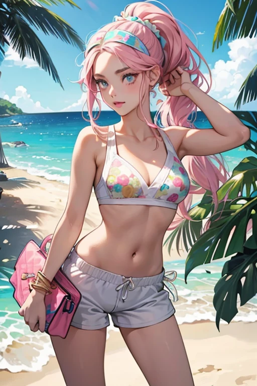 (tmasterpiece)、(Need)、ultra - detailed、1girl、hoshino、Buble、Low double ponytail、(swim wears)、sun glasses、(a white bikini)、(blue jacket)、ssmile、standing on your feet、sea beach、exteriors,
