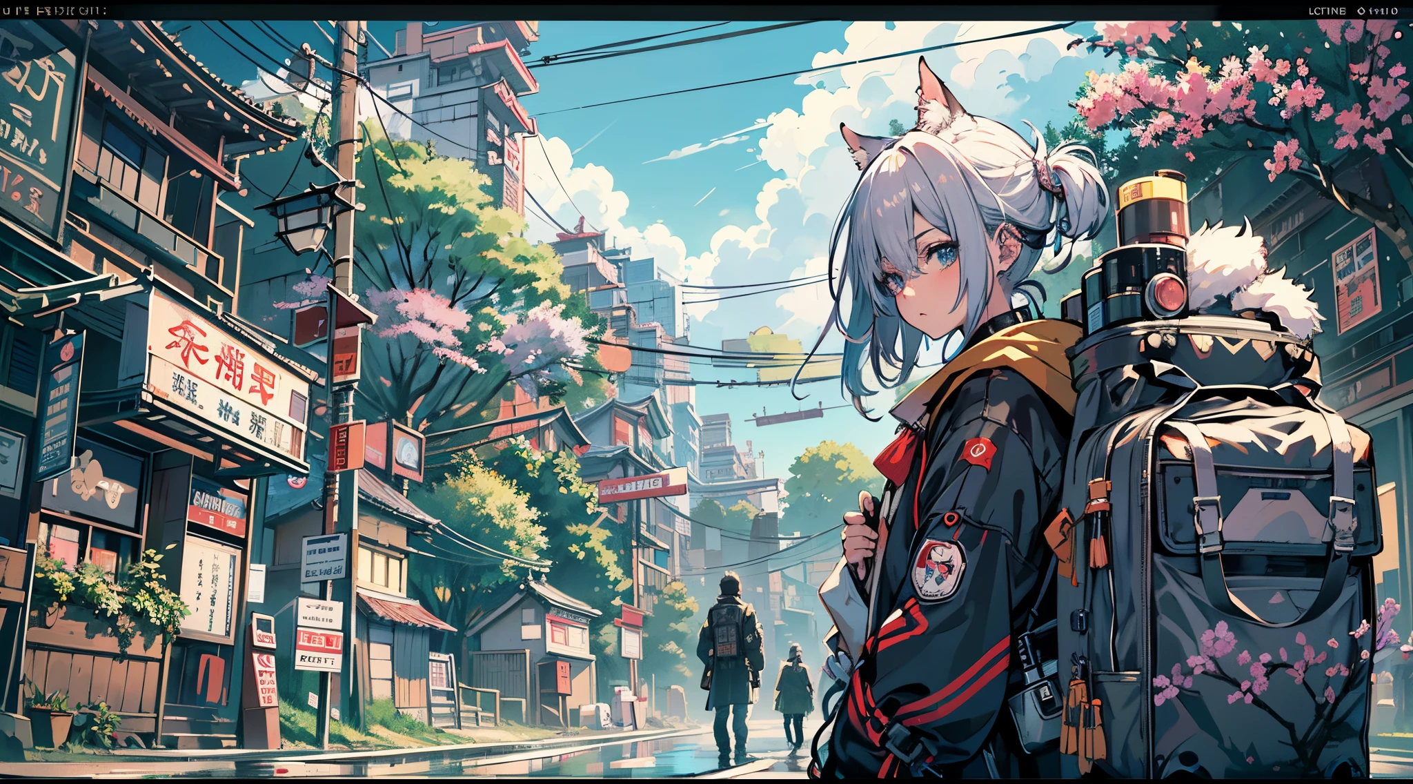 1boy,Man's ,Cyberpunk Boy、katanas,machine gun、Cat's ears、silber hair、poneyTail、The beginning of the adventure、during daytime、Into the cloud、ruined and devastated city、Complex Japan buildings、temple,railroad crossing、Bus stop、Trees、Warm lighting、puddles、Good old Japan landscape、Beautiful and fantastic summer landscape、Cinematic scenery、hightquality、masutepiece,8K、hight resolution、ultra-detailliert,