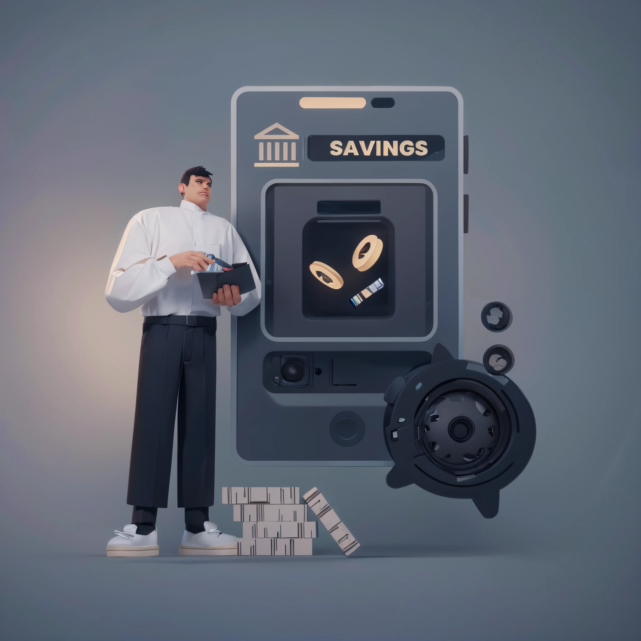 illustratio:A man stood by,savings logo on it, flatillustration, illustratio, and clean illustrations, 3d illustrations, Detailed 3D illustration, 3d illustrations, 3d illustrations, Stylized digital illustration, reduced minimal illustration, conceptual drawing, Digital 3D illustration, matte digital illustration, Commercial illustration