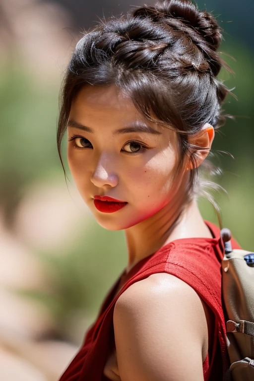 JoSkriver beautiful woman hair portrait photo , Double bun,  Hiking trails in Zions National Park, full red lips, (masutepiece) (Best Quality) (Detailed) (8K) (nffsw) (Wallpaper) (Cinematic lighting) (Sharp Focus) (Convoluted)