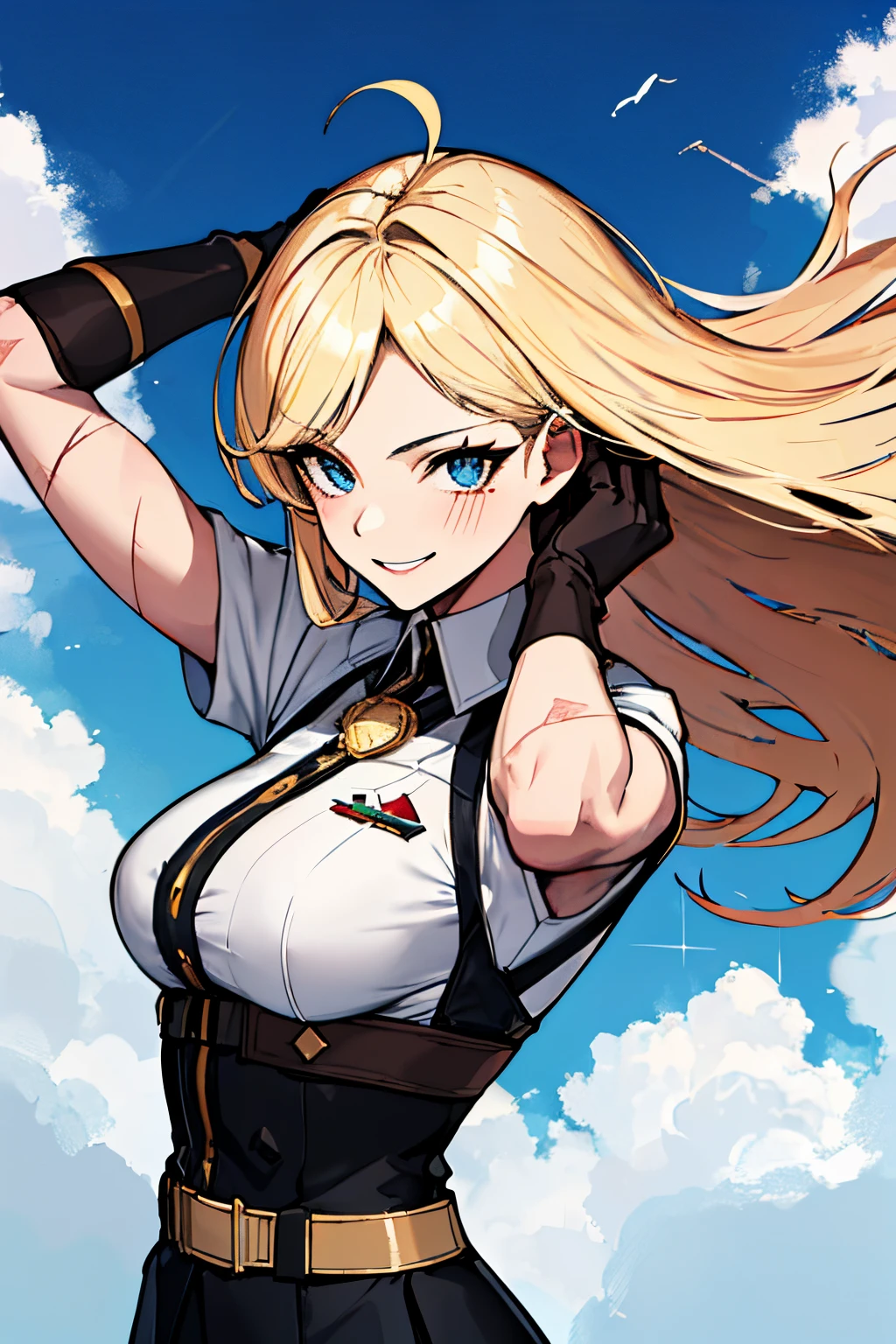 (absurdres, 8k, 4k, masterpiece, hyper extreme detailed:1.2), solo, 1girl, front view, perfect face, 1girl, portrait, expressive eyes, looking at viewer, solo, standing, Female, toned body, mature female, large breasts, pale, platinum blonde hair, long hair, dark blue eyes, swept bangs, athletic body, stoic, windy hair, moving hair, moving clothes, Dark Brown Skirt. White Shirt, German, Medals, Military, battle worn, scars, medals, messy hair, smile, happy, heroic, perfect anatomy, friendly, heroism, light blonde hair, blue sky, sun, clouds, muscular, half body, white gloves,