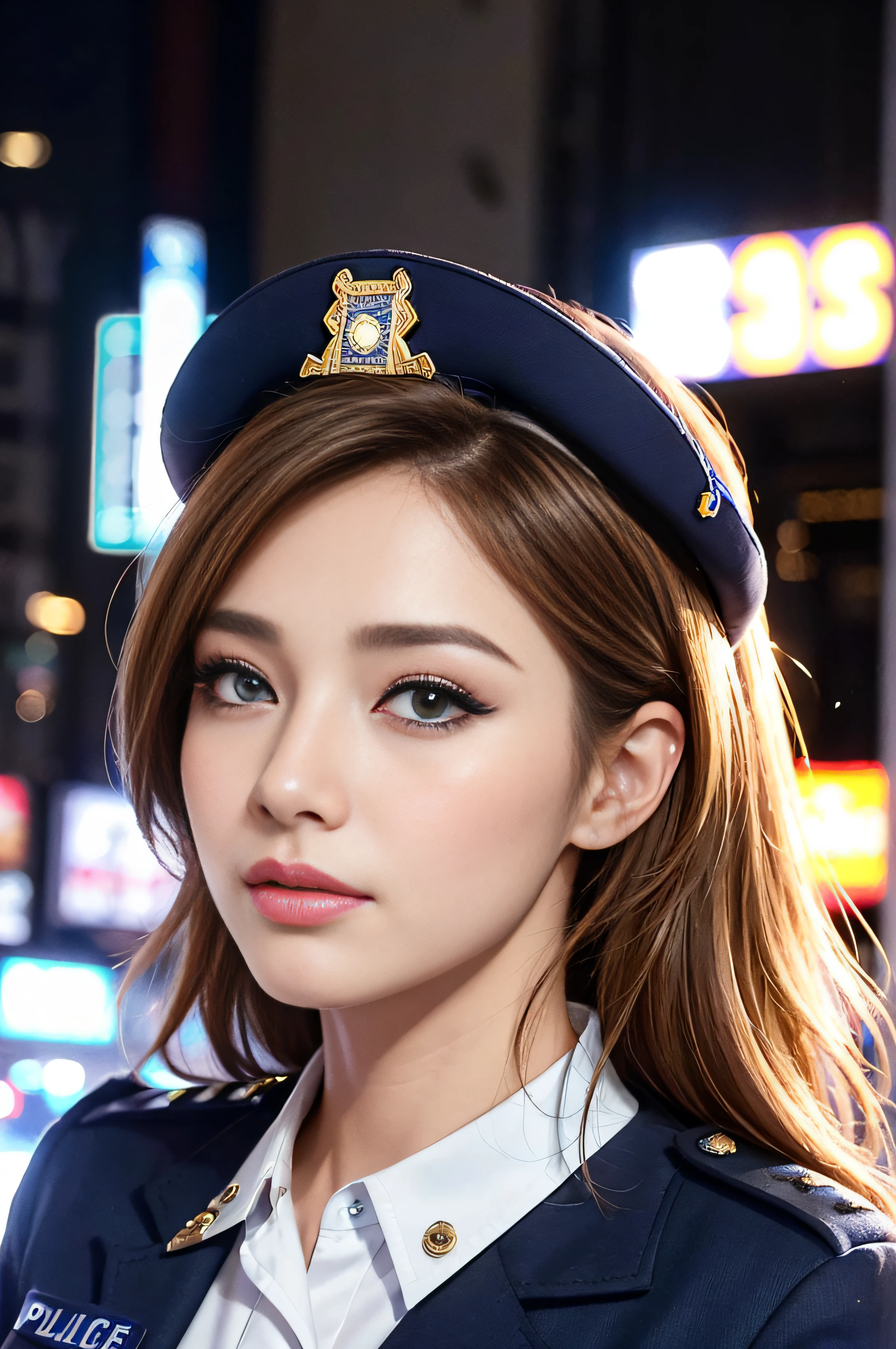 top-quality、hight resolution、ultra-detailliert、​masterpiece、Raw photography:1.5、realisitic:1.5、Photorealsitic:1.5、extremely delicate and beautiful、finely detail、 1womanl、(Super beautiful)、(beauitful face:1.5)、(A detailed face:1.5)、gala k-up、(lip stick:1.1)、(eye line:1.2)、mascara、eyeshadows、glamor、blue eyess、(Blonde and brown hair)、Wavy Hair、asymmetrical bangs、(new york police uniform:1.5)、city street at night、cowboy  shot
