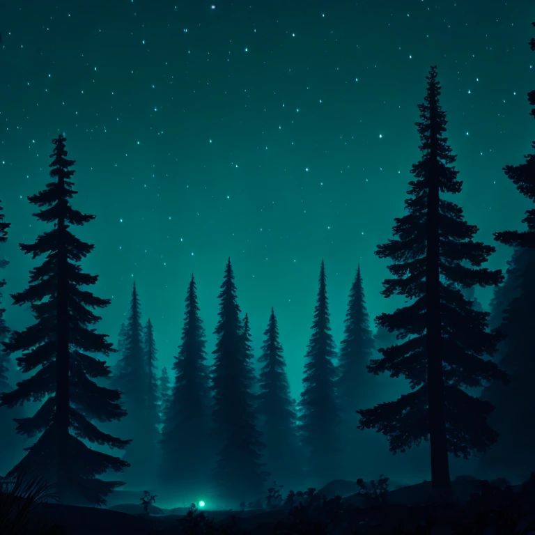 Trees in the foreground， Foggy forest at night, Forest at night, Deep in the forest at night, night in the forest, foggy night sky, Quiet forest night scene, nighttime nature landscape, Nocturnal forest, mist and starry sky, in the forest at night, Night forest background, in the forest at night
