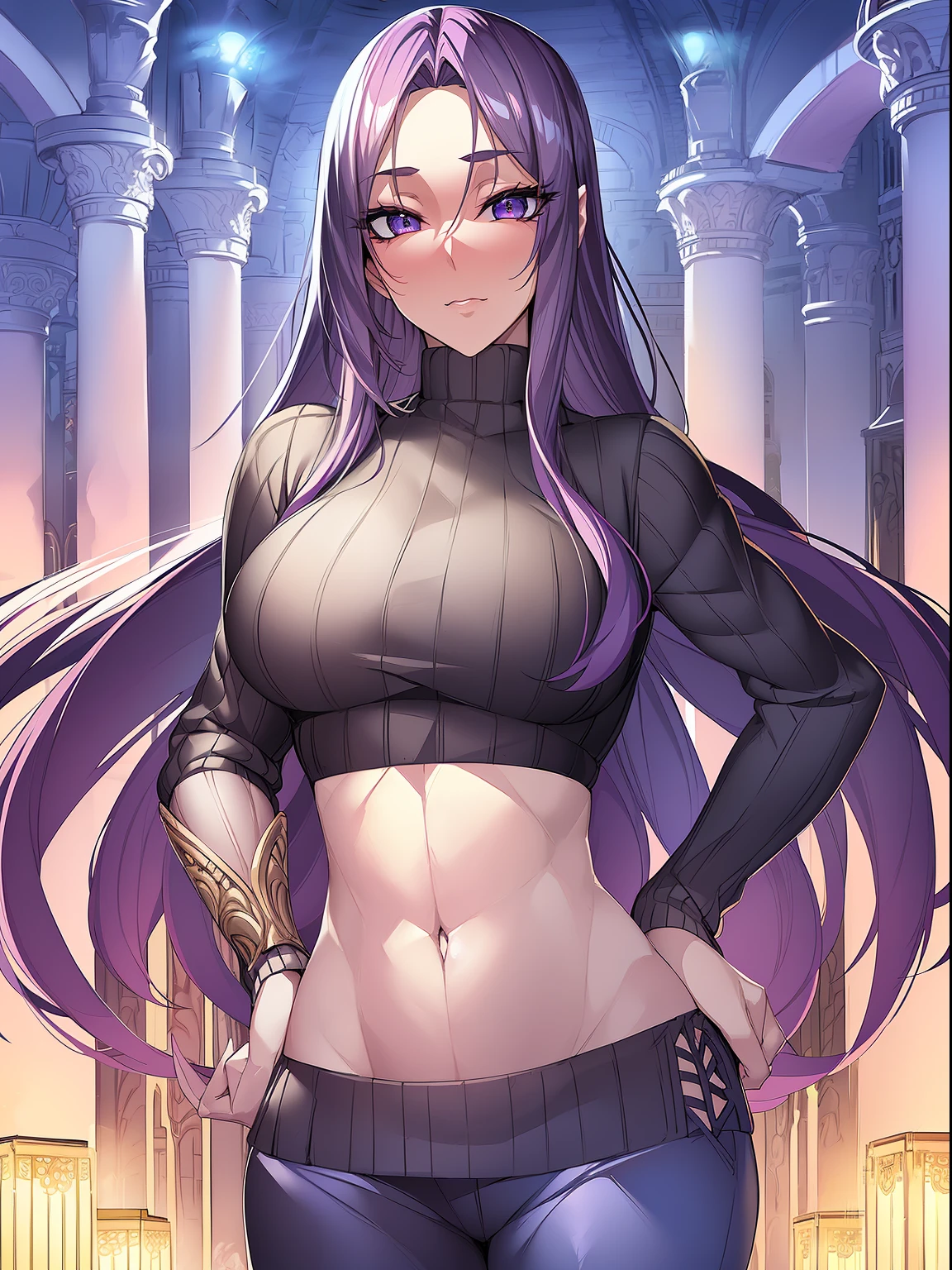 (fantasy-style), ((detailed hairs, detailed eyelash, Hoanhua-Landscape, 1girl in, Black sweater, Blue sky, blush, , cloud, facing, Cowboy Shot, croptop, day, Fingernails, Forehead, hand on own hip, Large breastshair, Long sleeves, Looking at Viewer, Midriff, Navel, Outdoors, Pants, Purple eyes, Purple hair, Ribbed sweater, skyporn, Solo, Sweaters, Turtleneck sweater, Very long hair, The fate of Medusa, ((Perfect face)), (Mature Face:1.eautiful face:1.15), Detailed eyes, Very deep eyes, hair messy, Detailed finger,
(masutepiece), (Highest Quality), Best Quality, hight resolution, 8K, Extremely detailed, Digital Art, (hyper detailed background:1.2), (Realistic background), (Intricate details), Award-winning, ultra-detailliert, (Illustration:1.1),
(Cinematic lighting), Soft lighting,