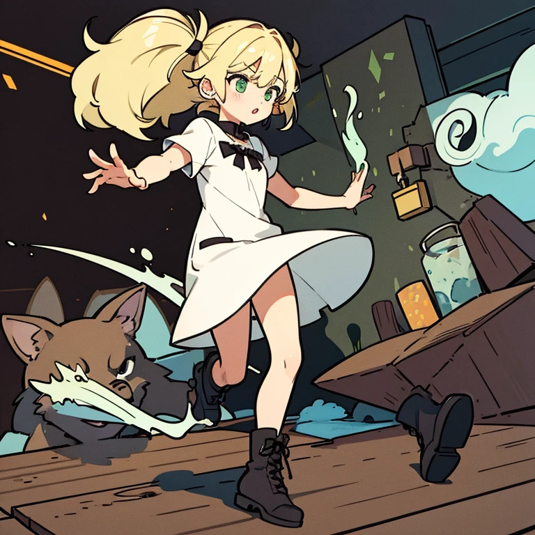 A girl with short half blonde and half black hair, green eyes, cute clothes, a nose bleed, goth boots