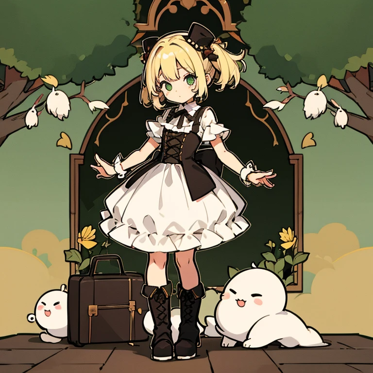 A girl with short half blonde and half black hair, green eyes, cute clothes, a nose bleed, goth boots