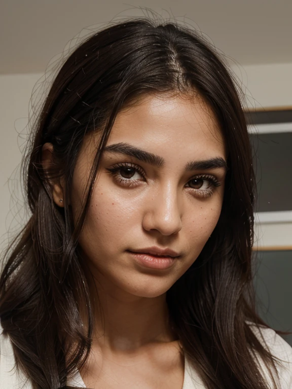 A girl, Named fatemeh, 25 years and 7 months and 21 days old/ mixture of Phoenician, Greek, Armenian, and Arab/almond brown eyes, Chocolate brown hair, ponytail/ bow-shaped lips, uptruned Nose, square jawline, narrow forehead, Protruding chin, high-arch and black eyebrows , thick eyebrows/168 centimeters height, 61 kilograms weight,tanned body/ mole on left eybrow، mole on the corner of the lower left lip, straight wavy hair،A small amount of acne on the cheek/ , RAW PHOTO, hyperrealistic, ideal face template, Fujifilm X-T3, 1/1sec at f/2.8, ISO 160, 84mm