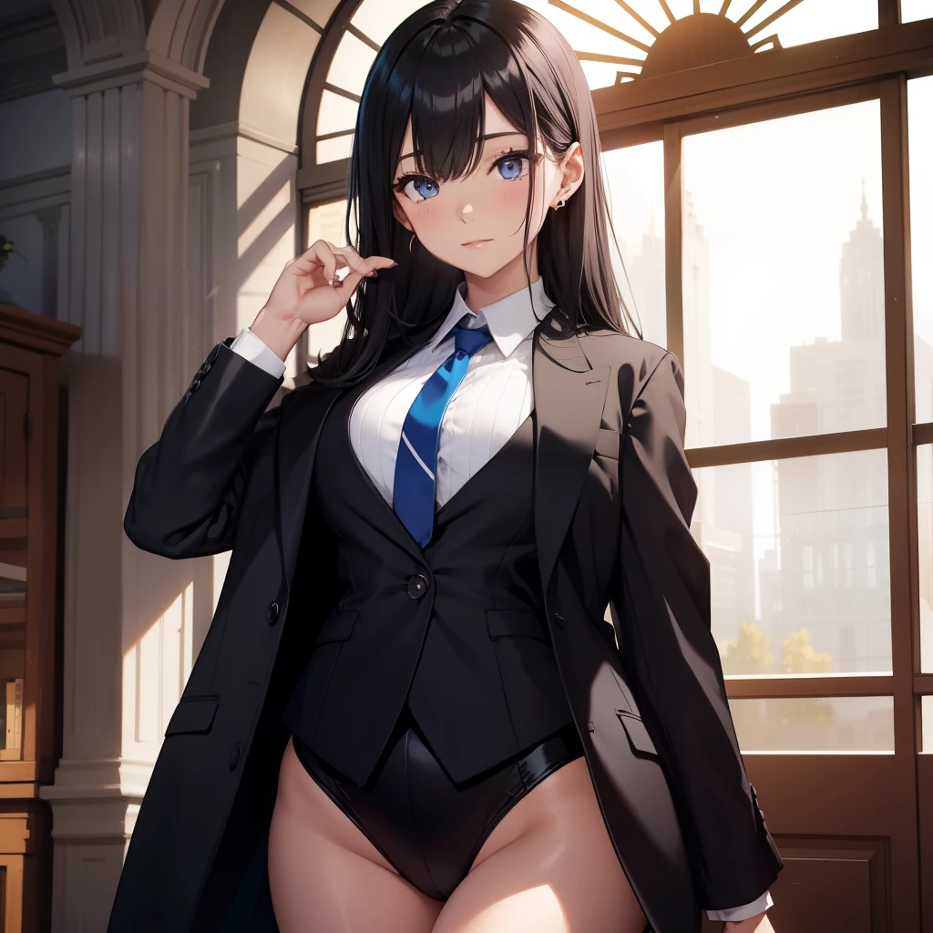 1GIRL , Yukinoshita yukino , Yukinoshita yukino,woman in formal attireactive suit tuxedo tailcoat standing in a large alcove in the room, 1girl, solo, necktie, black hair, blue eyes, long hair, smile, jacket, looking at viewer, shirt, blue necktie, collared shirt, leotard, bare legs, white shirt, indoors, bangs, long sleeves, closed mouth, window, black jacket, blush, cowboy shot, formal, full body
