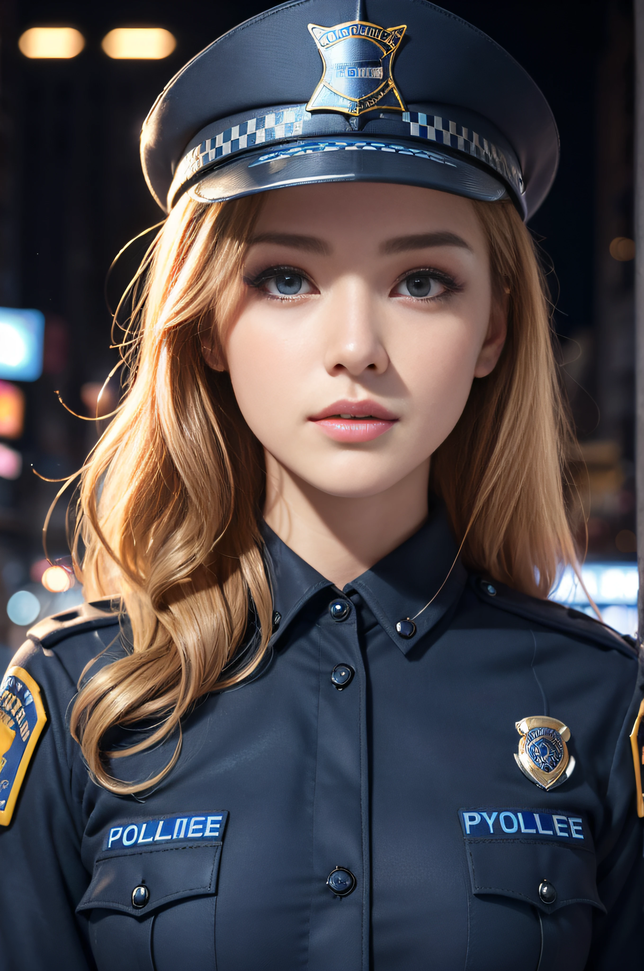 top-quality、hight resolution、ultra-detailliert、​masterpiece、Raw photography:2、realisitic:2、Photorealsitic:2、extremely delicate and beautiful、finely detail、 1womanl、(Super beautiful)、(beauitful face:1.5)、(A detailed face:1.5)、gala k-up、(lip stick:1.1)、(eye line:1.2)、mascara、eyeshadows、glamor、blue eyess、(Blonde and brown hair)、Wavy Hair、asymmetrical bangs、(new york police uniform:1.5)、city street at night、cowboy  shot