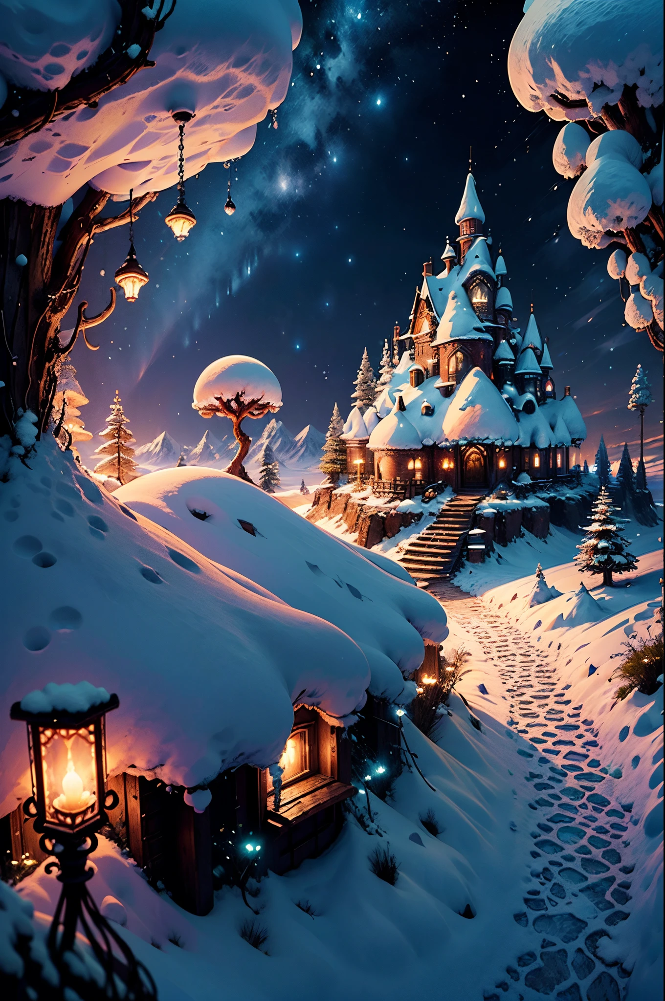 (Best quality at best, 8K, A high resolution, tmasterpiece:1.2), ultra - detailed, (actual, realistically, realistically:1.37), Vibrant colors, magical ambiance, Whimsical, ((pure、White snow,Like the elves dancing between heaven and earth;The shining light embellishes the whole world into a diamond-like wonder.;mountain peaks、the woods、The creeks and villages are covered with snow,It forms a magnificent picture)), Surreal, Psychedelic, Complicated details, Beautiful texture, Ethereal, like a dream, soft luminescent glow, Charming Patterns, fantastical creature, Hidden surprises, Fantastic snowscape, Surreal color palette, Mystic aura, ultra-realistic realism, Enchanting journey, psychedelic trip, vivid imagination, immersive experience, mysterious creature, otherworldly charm, glowing paths, Lighting up the snow in the arctic forest, surreal sky, whimsical scenery,, A magical encounter in the snow, Charming snow art,Winter Wonderland