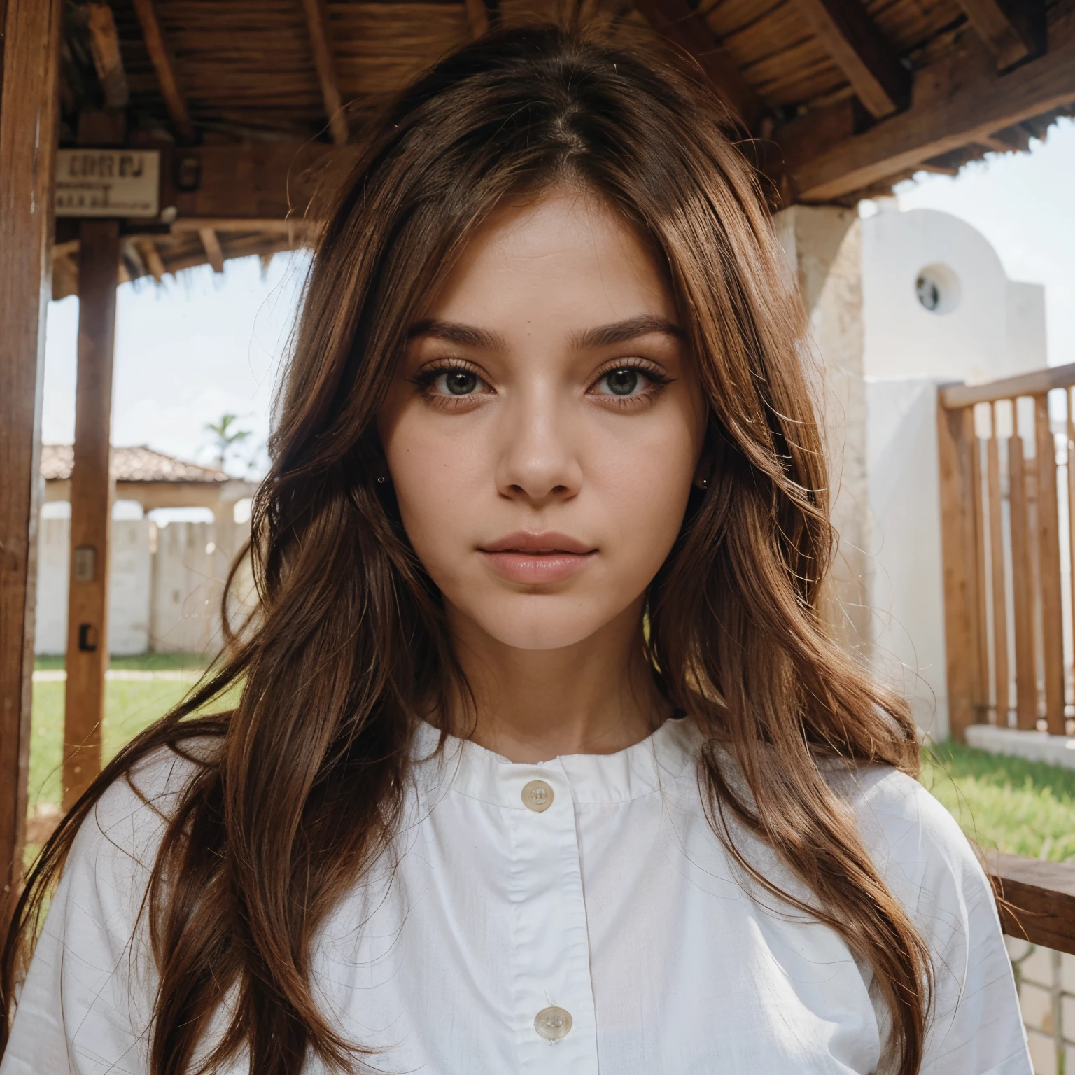 Create an image of a young girl of 28 with striking features: half of her hair is a vibrant shade of red, complementing her deep brown eyes. She's dressed casually in a comfortable white t-shirt, exuding a sense of relaxed confidence.", highres, 8k, best quality, award winning