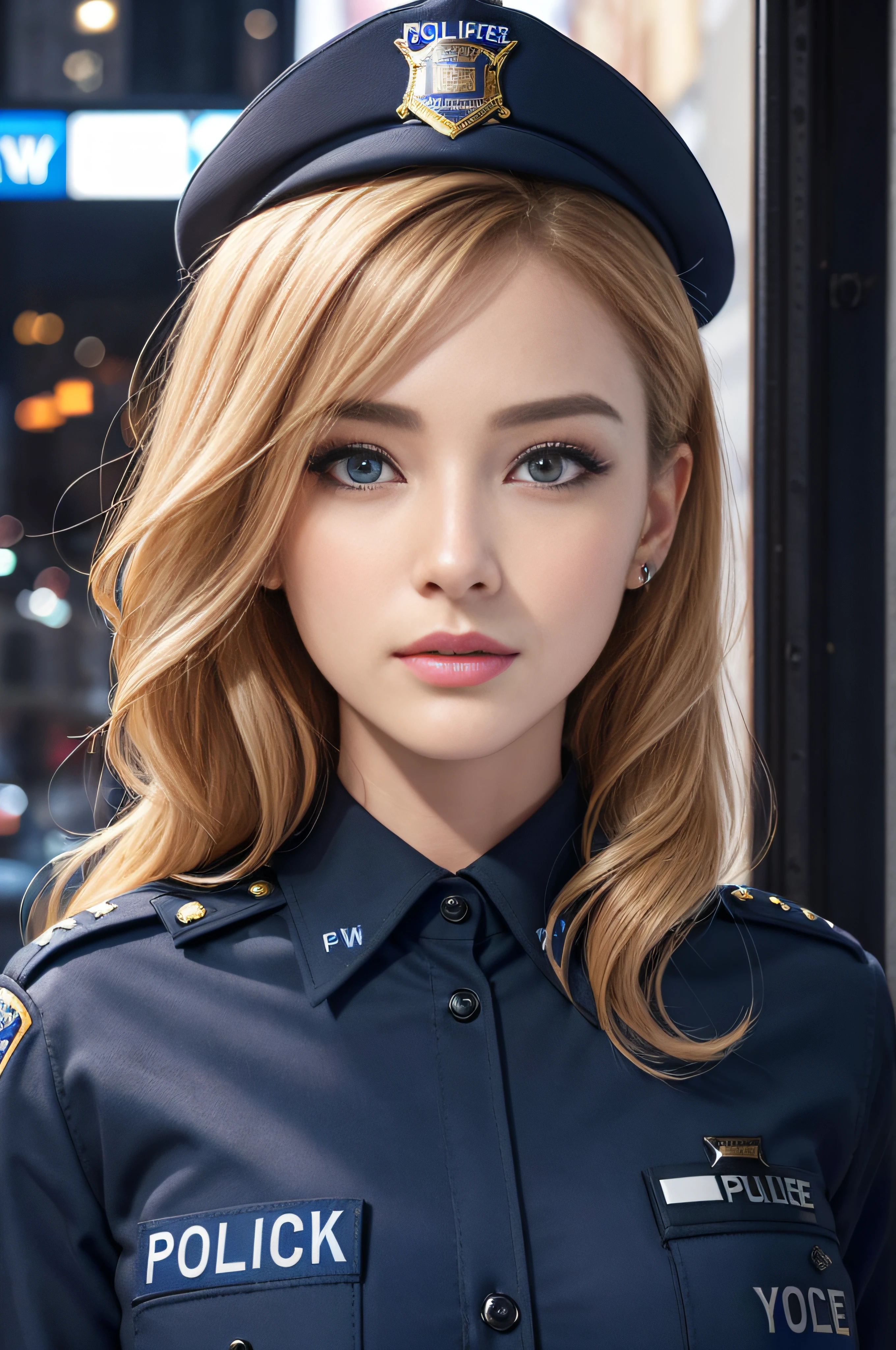 top-quality、hight resolution、ultra-detailliert、​masterpiece、Raw photography:2、realisitic:2、Photorealsitic:2、extremely delicate and beautiful、finely detail、 1womanl、(Super beautiful)、(beauitful face:1.5)、(A detailed face:1.5)、gala k-up、(lip stick:1.1)、(eye line:1.2)、mascara、eyeshadows、glamor、blue eyess、(Blonde and brown hair)、Wavy Hair、asymmetrical bangs、(new york police uniform:1.5)、city street at night、cowboy  shot
