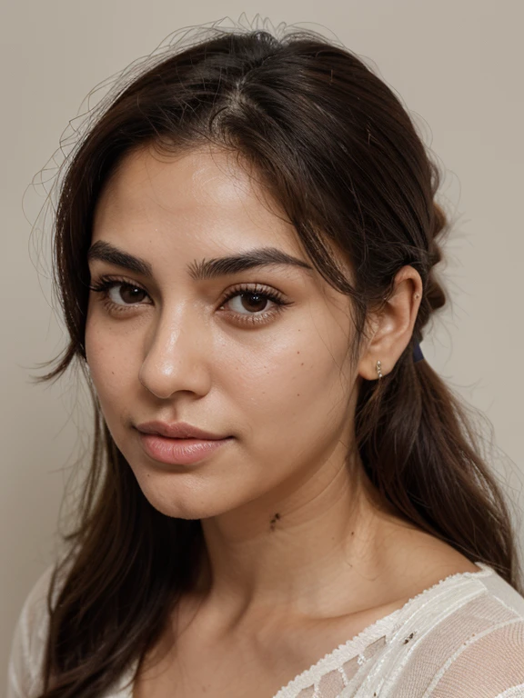 A girl, Named fatemeh, 25 years and 7 months and 21 days old/ mixture of Phoenician, Greek, Armenian, and Arab/almond brown eyes, Chocolate brown hair, ponytail/ bow-shaped lips, uptruned Nose, square jawline, narrow forehead, Protruding chin, high-arch and black eyebrows , thick eyebrows/168 centimeters height, 61 kilograms weight,tanned body/ mole on left eybrow، mole on the corner of the lower left lip, straight wavy hair،A small amount of acne on the cheek، Cheek dimple, chin dimple/ , RAW PHOTO, hyperrealistic, ideal face template, Fujifilm X-T3, 1/1sec at f/2.8, ISO 160, 84mm