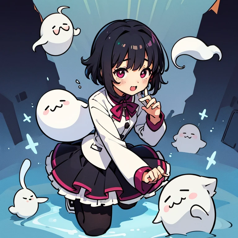 A ghost girl, who wears a cute outfit with a short fluffy skirt, has fluffy short black hair, redish eyes