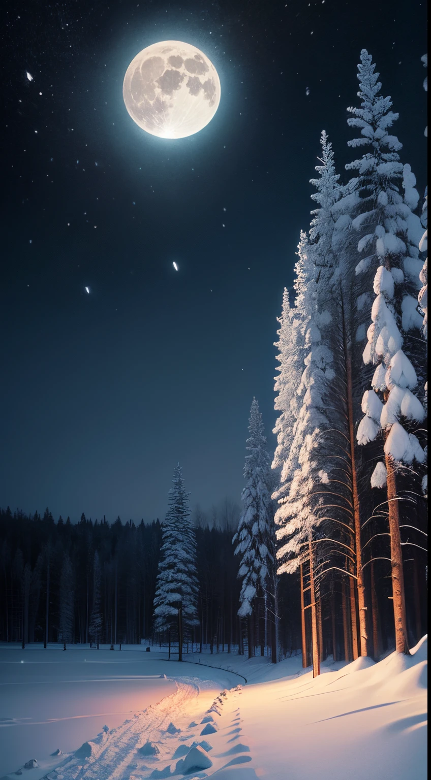 Cold winter night, big bright moon, snow