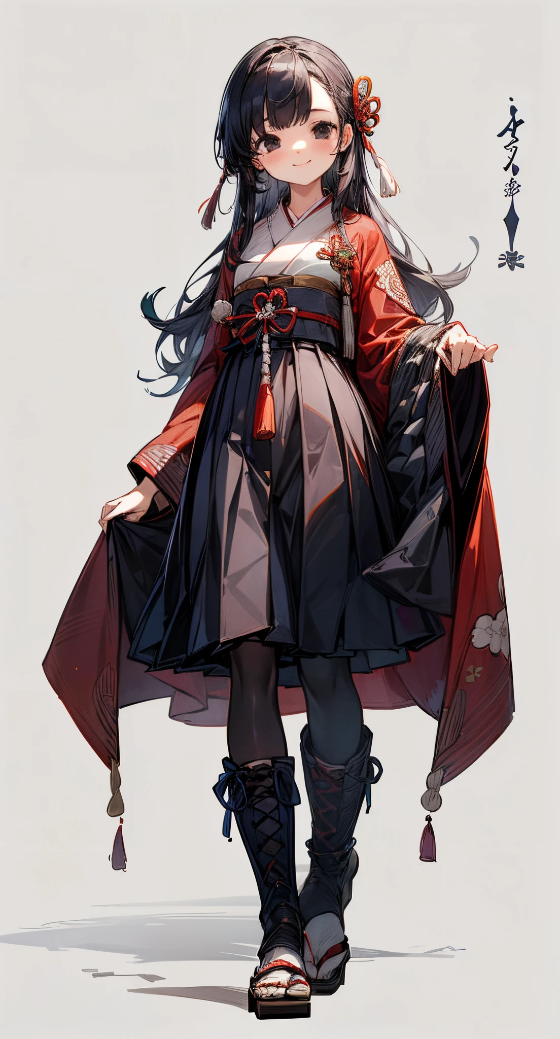 (Best Quality:1.3), Extremely detailed, (illustratio: 1.3), (Concept art:1.2), Best Quality,1girl in,Solo,((red cloak)),((food runt cut,lace-up、Geta,frilld,((Hakama)),(navy maxi pleated skirt),(wide_sleeves),((haori)),((White kimono)),Neat and clean,Medium,Beautie、Overwhelming beauty、Beautiful fabric lining、Japanese style pattern,Gentle smile、Black eyes