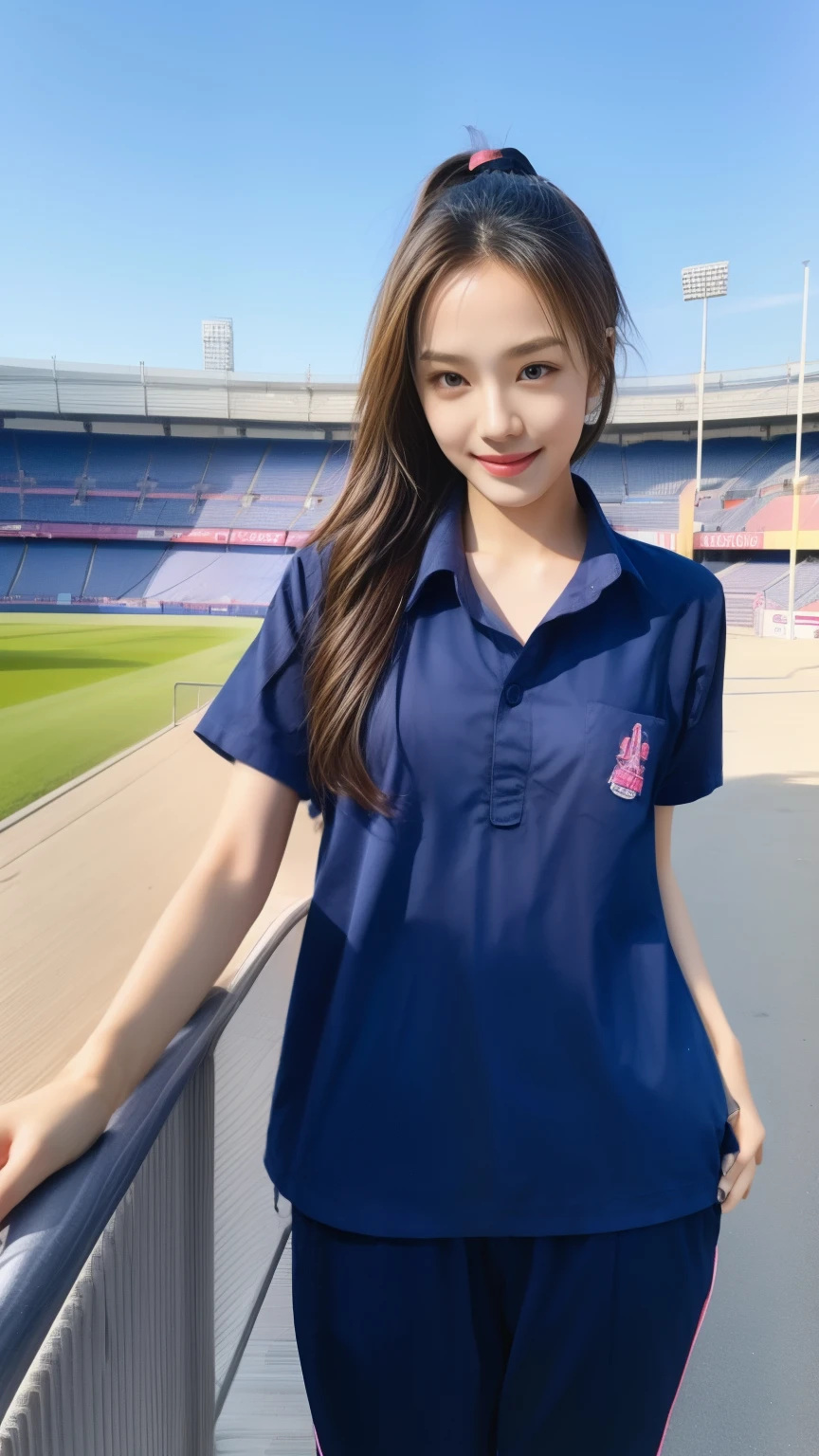 (bestquality,10,10,highres,masterpiece:1.2),ultra-detail,(Realistic,photorealistic portrait,photo-realistic:1.37),1 cute girl sitting on the football field,oily shiny skin,bara,light smile,BDclothelue shirt:1.3)),short sleeves,shirt, trousers.,(navy_long_Pants Track:1.1), ((Stadium Background:1.3)),dynamic angle,excited,face focus,Dynamic Poses,from behide,Ass Focus,masterpiece, bestquality, ultra realistic, hyper-detail, 8k resolution, RAW photo, crisp focus, ((Navy blue shirt:1.1)), short sleeves, Long Path, Perfect body, 2 mature women, 18yo, cinematic light,Blue sweatpants,Gymware,Correct anatomy,Complete body, Correct body, sharp face, Anatomically correct body, full entire body, Realistic gestures, long-haired, Realistic poses,Wear long shorts.....................,Long leg span,Shapely,Sculpting Girl, Slender Figure, mannequin mannequins, Shapely, Beautiful body,Blue sweatpants