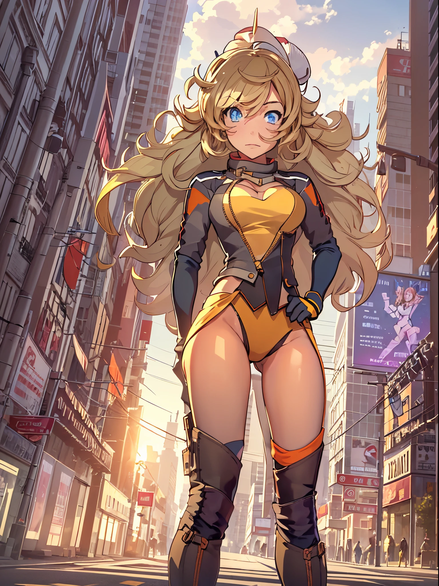 1girl, medium breasts, leotard, bare legs, gloves, boots, superhero, standing, hands on hip, city backdrop, (beautiful detailed eyes:1.6), (perfect hands, perfect anatomy), yang xiao long, serious, medium hair