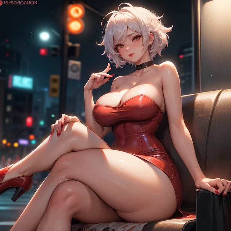 huge breasts, huge ass, big thighs, small waist, white hair, luscious messy hair, tall(), bursting breasts, short red dress, strapless dress, night life, on street, plush lips, sitting crossed legs, attractive face