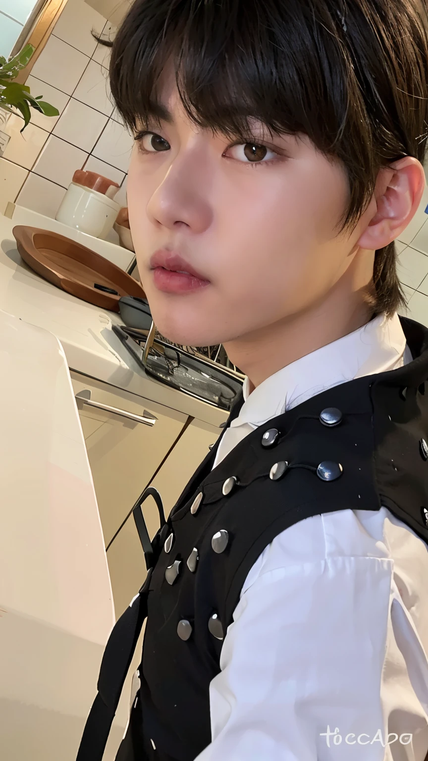 there is a young man with a black vest and white shirt, cabelo ruivo, Ulzzang macho, Jung Jaehyun, Cai Xukun, Jinyoung Canela, Kim Doyoung, Sakimichan, delicate androgynous prince, Beautiful androgynous prince, Jungkook, pale porcelain white skin, jinyoung shin aesthetic, Ulzzang, wan adorable korean face, pale fair skin!!